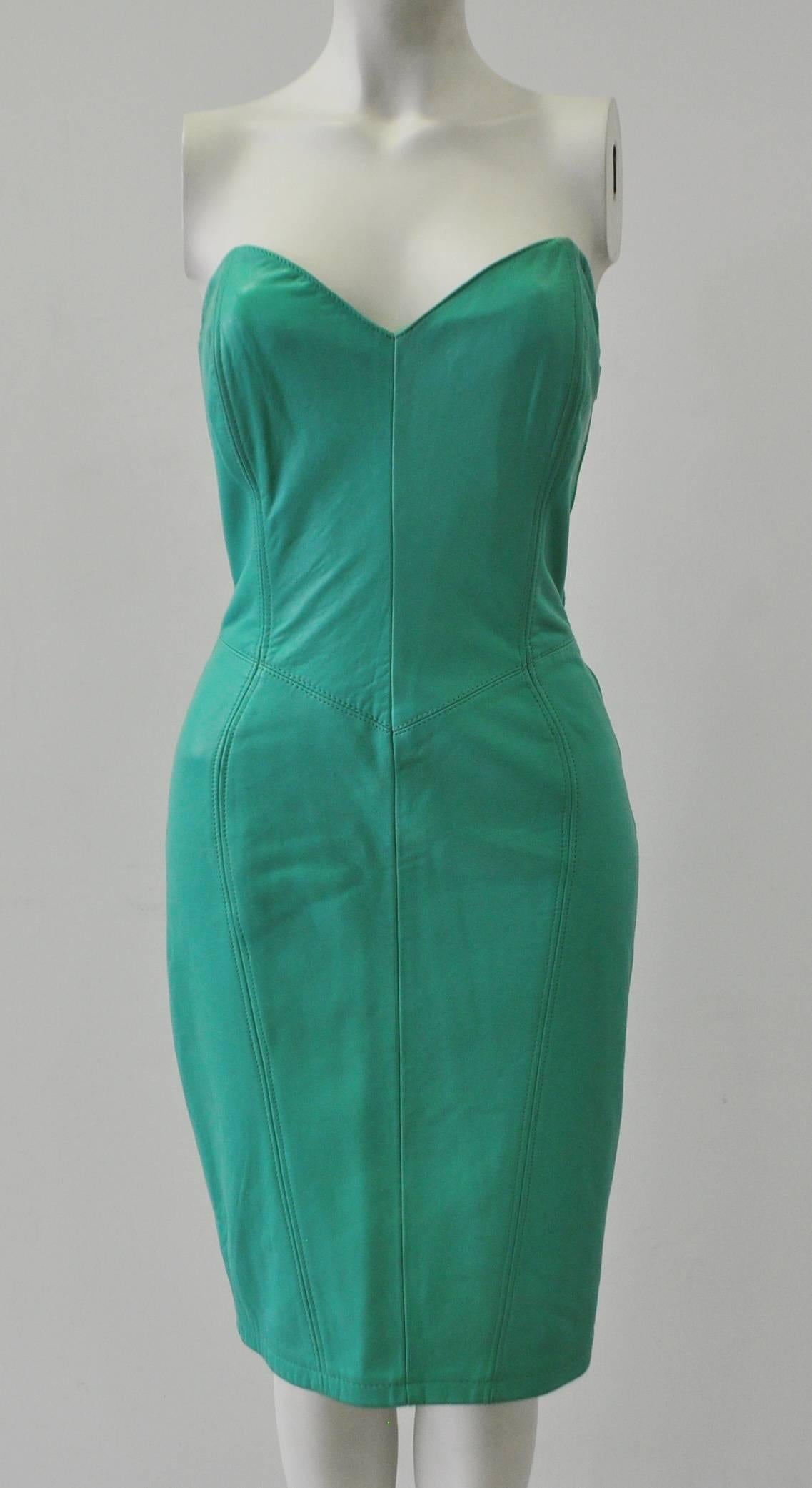 Stunning Michael Hoban for North Beach Leather Lace-Up Bodice Mint Green Strapless Leather Dress