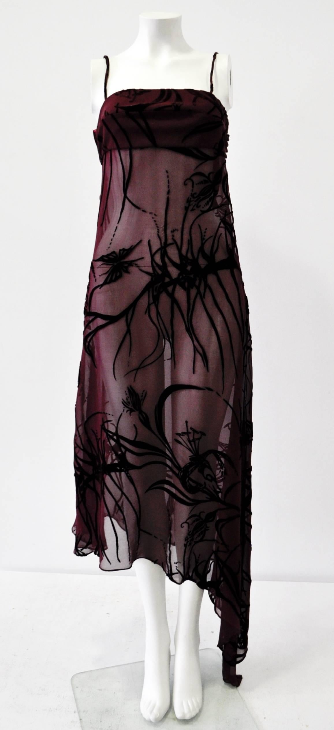 Black Mod Angelo Mozzillo Sheer Burgundy Burnt Out Velvet Dress For Sale