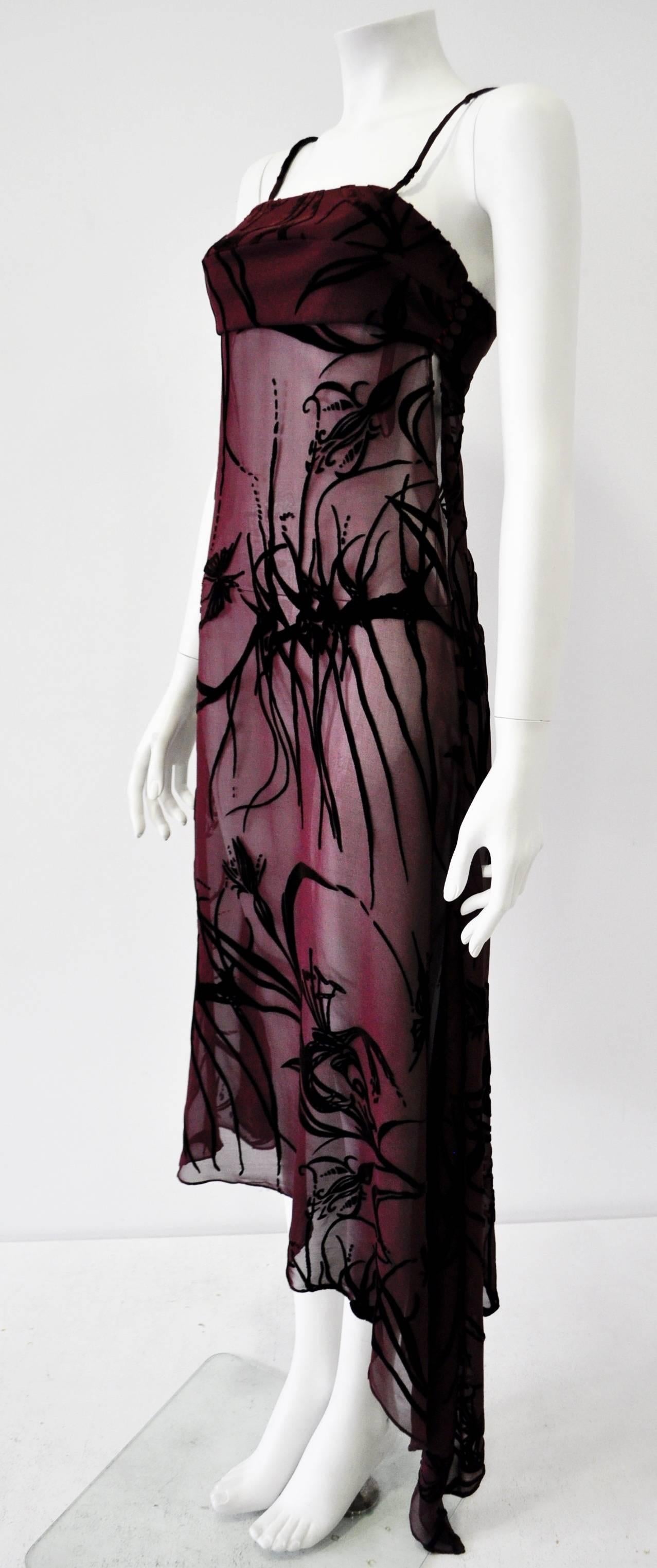 Mod Angelo Mozzillo Sheer Burgundy Burnt Out Velvet Dress In New Condition For Sale In Athens, Agia Paraskevi