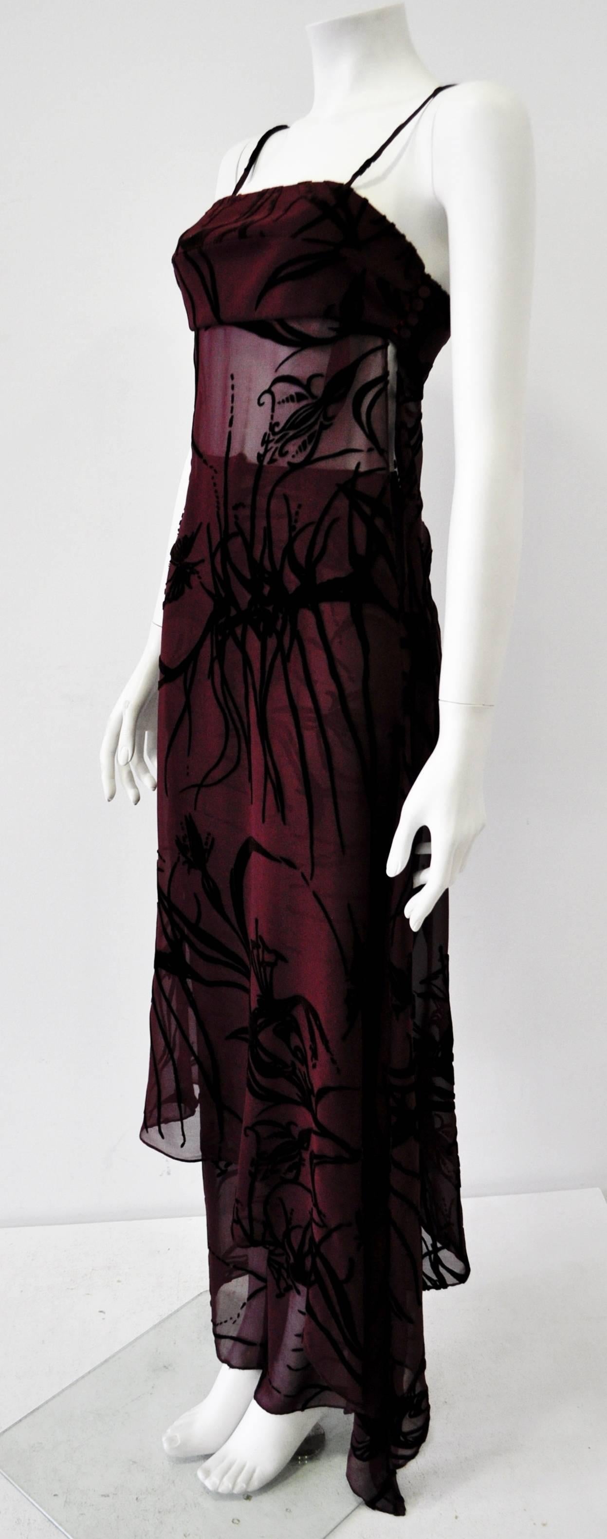 Mod Angelo Mozzillo Sheer Burgundy Burnt Out Velvet Dress For Sale 2