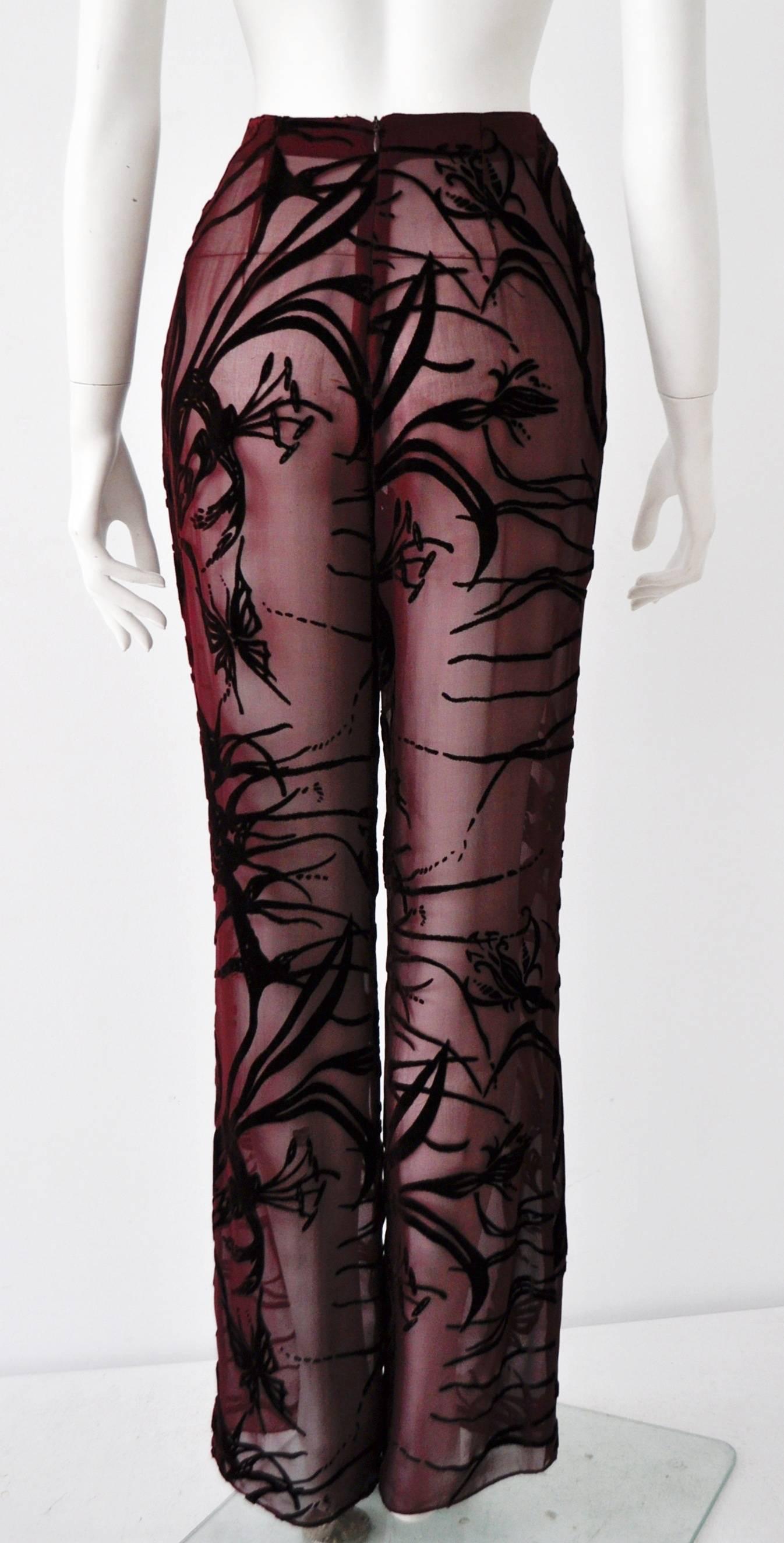 Mod Angelo Mozzillo Sheer Burgundy Burnt Out Velvet Pants In New Condition For Sale In Athens, Agia Paraskevi