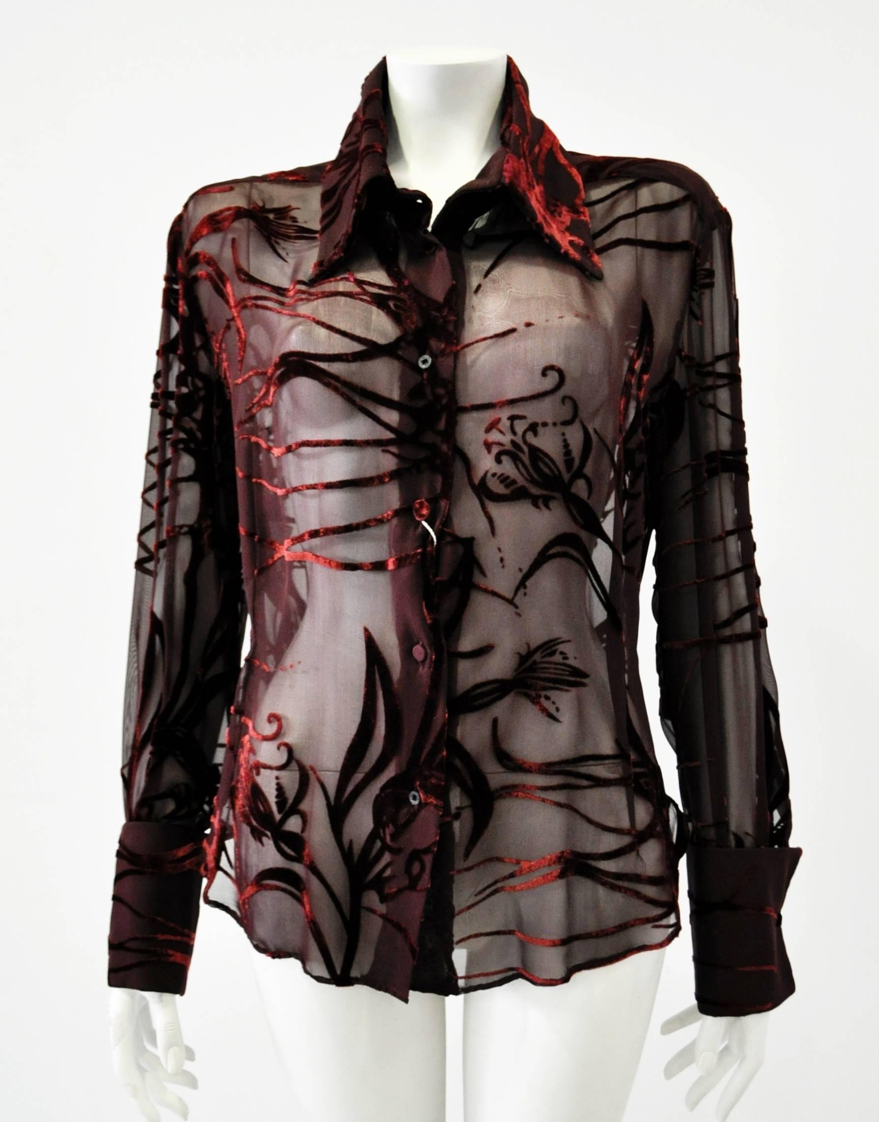Black Mod Angelo Mozzillo Sheer Burgundy Burnt Out Velvet Shirt For Sale