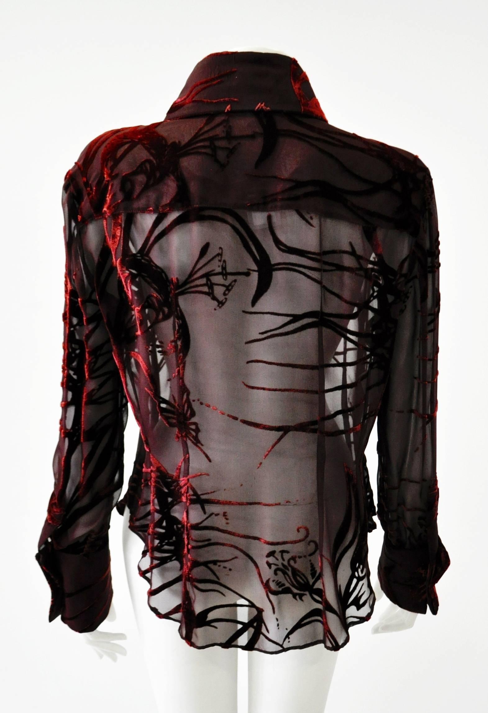 Women's Mod Angelo Mozzillo Sheer Burgundy Burnt Out Velvet Shirt For Sale