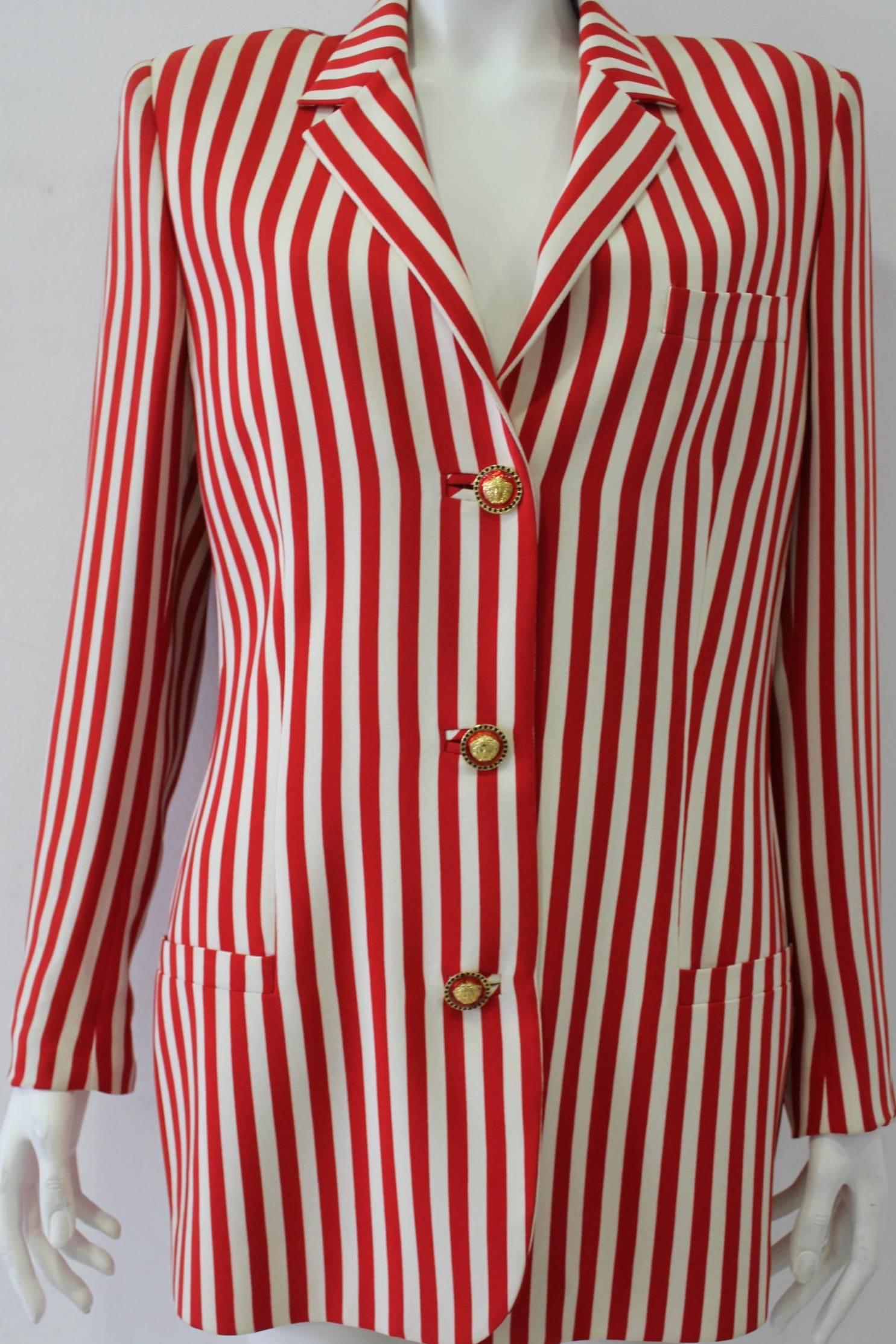 Outstanding Gianni Versace Couture Candy Striped Wool Blazer Featuring Ubiquitous Medusa Gold and Red Enamel Buttons, Spring 1993