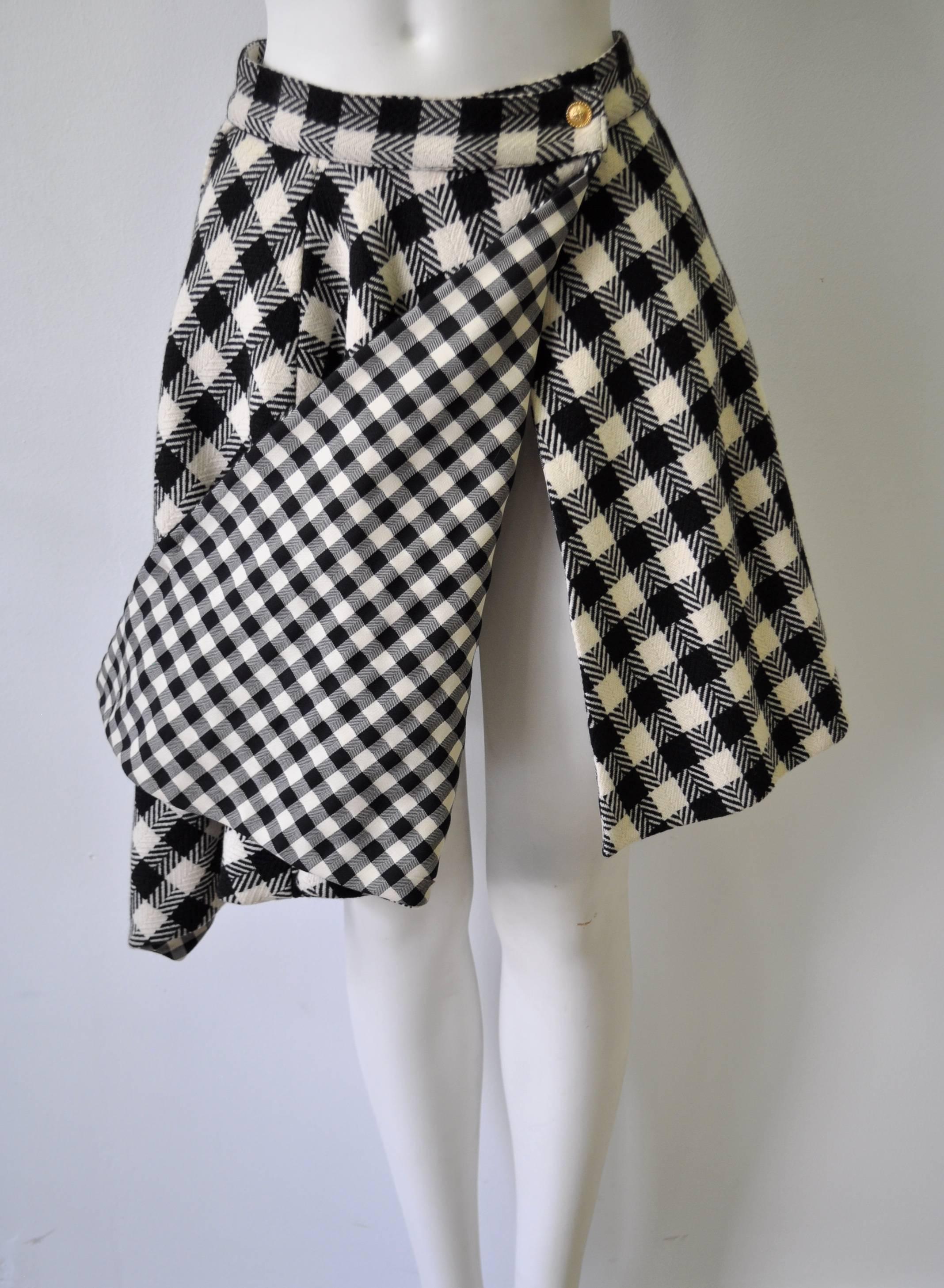 Rare Gianni Versace Checked Asymmetrical Wool Wrap Skirt, 
Infamous Fall 1993 Collection