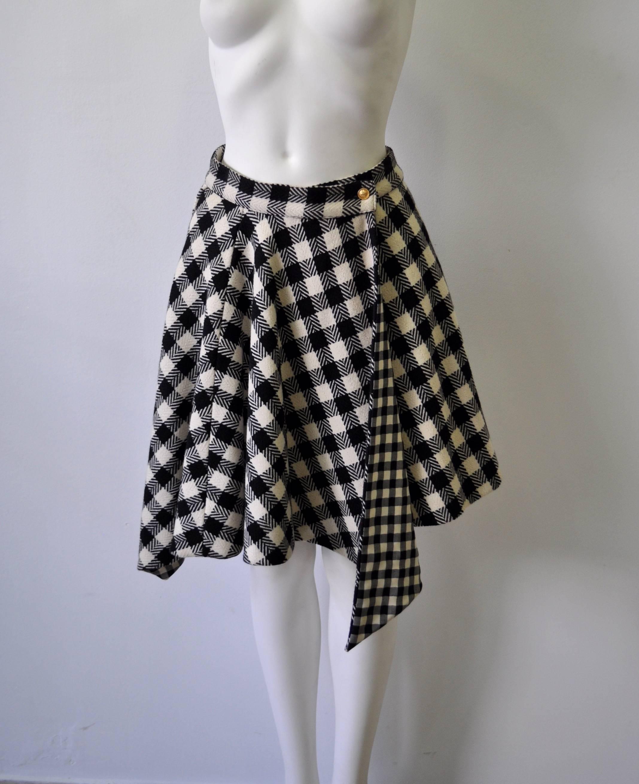 Black Rare Gianni Versace Couture Checked Asymmetrical Wool Wrap Skirt For Sale