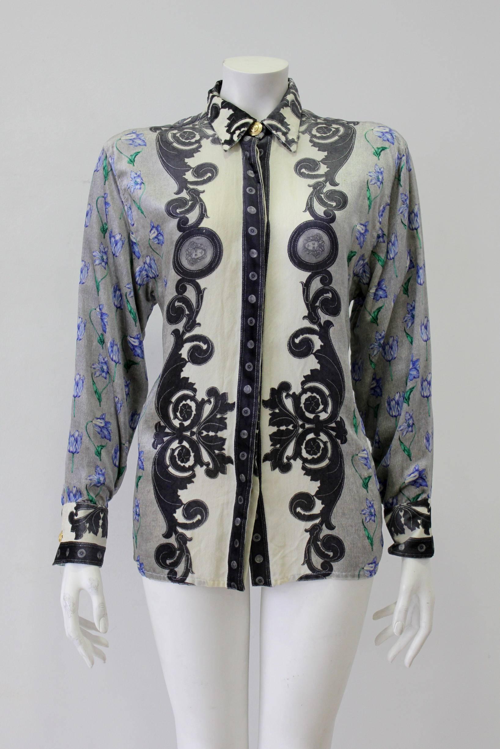 Important Gianni Versace Couture Baroque Print Velvet Shirt featuring Iconic Gold Medusa Greek Key Design Buttons