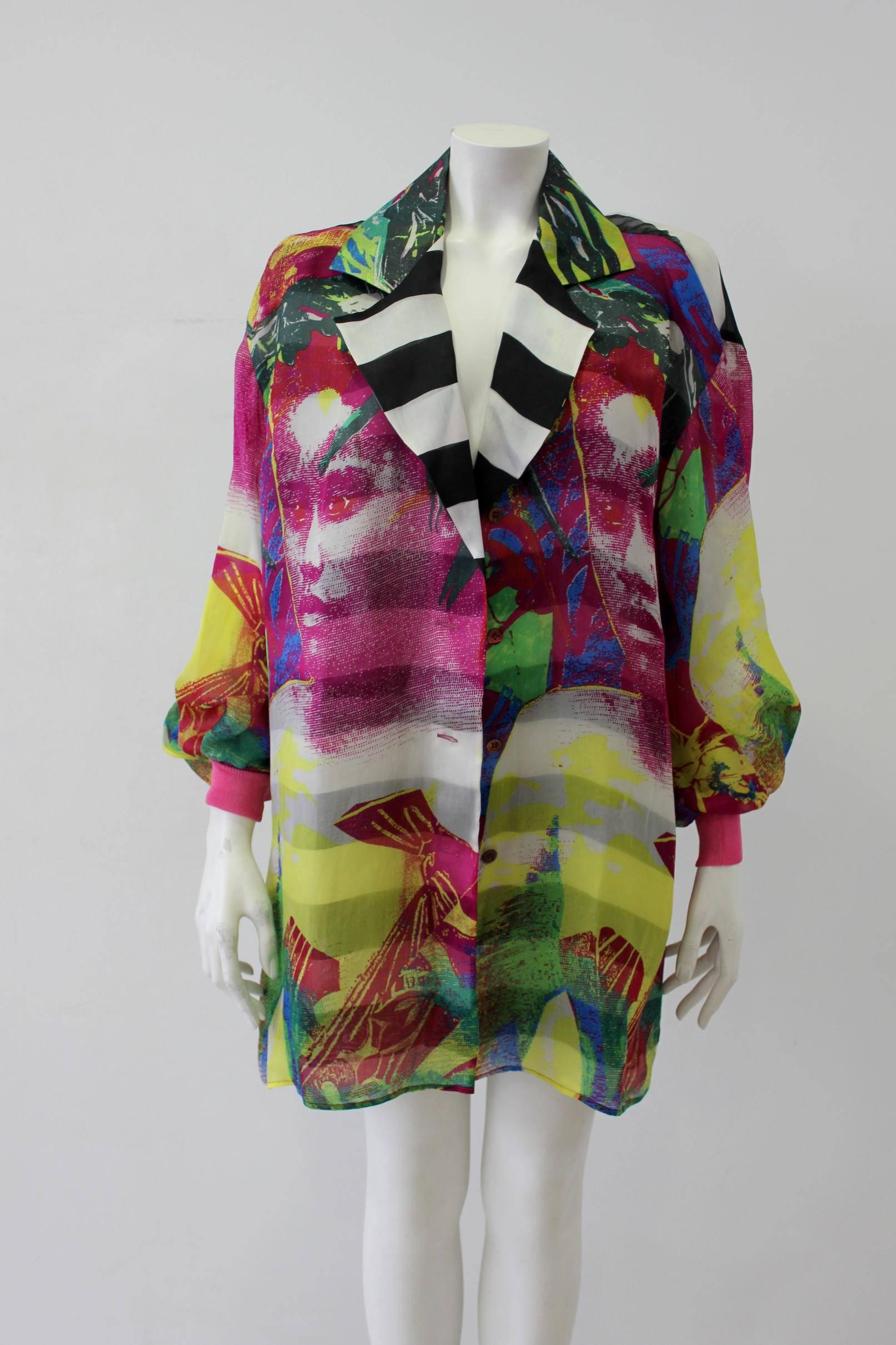 Superlative Gianfranco Ferre Floral Stripe Impressions Long Silk Organza Shirt