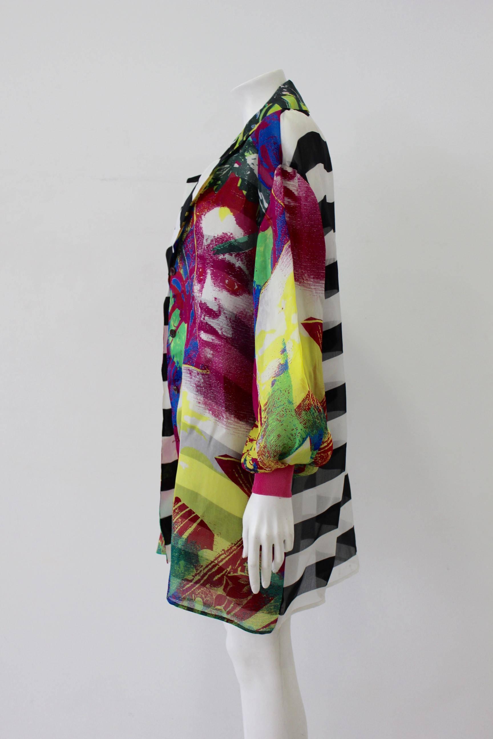 Brown Superlative Gianfranco Ferre Floral Stripe Impressions Long Silk Shirt For Sale