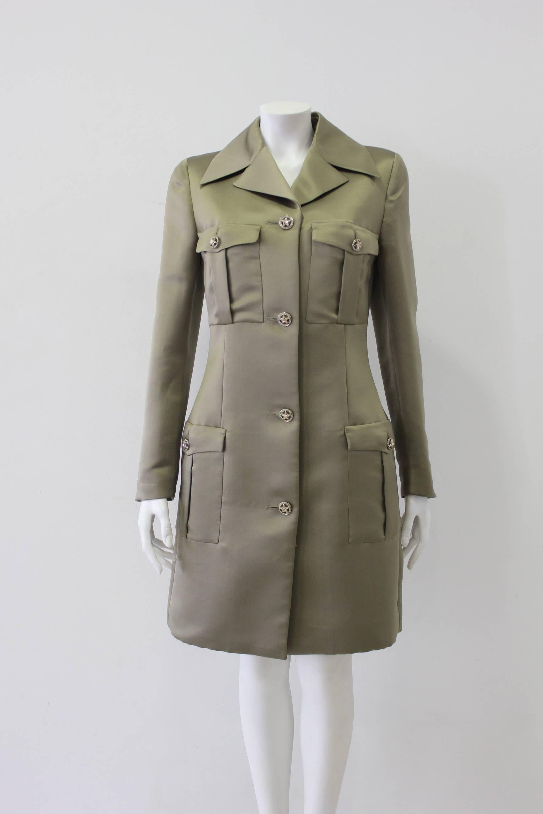 Women's Istante By Gianni Versace Haki Military Silk Coat  For Sale