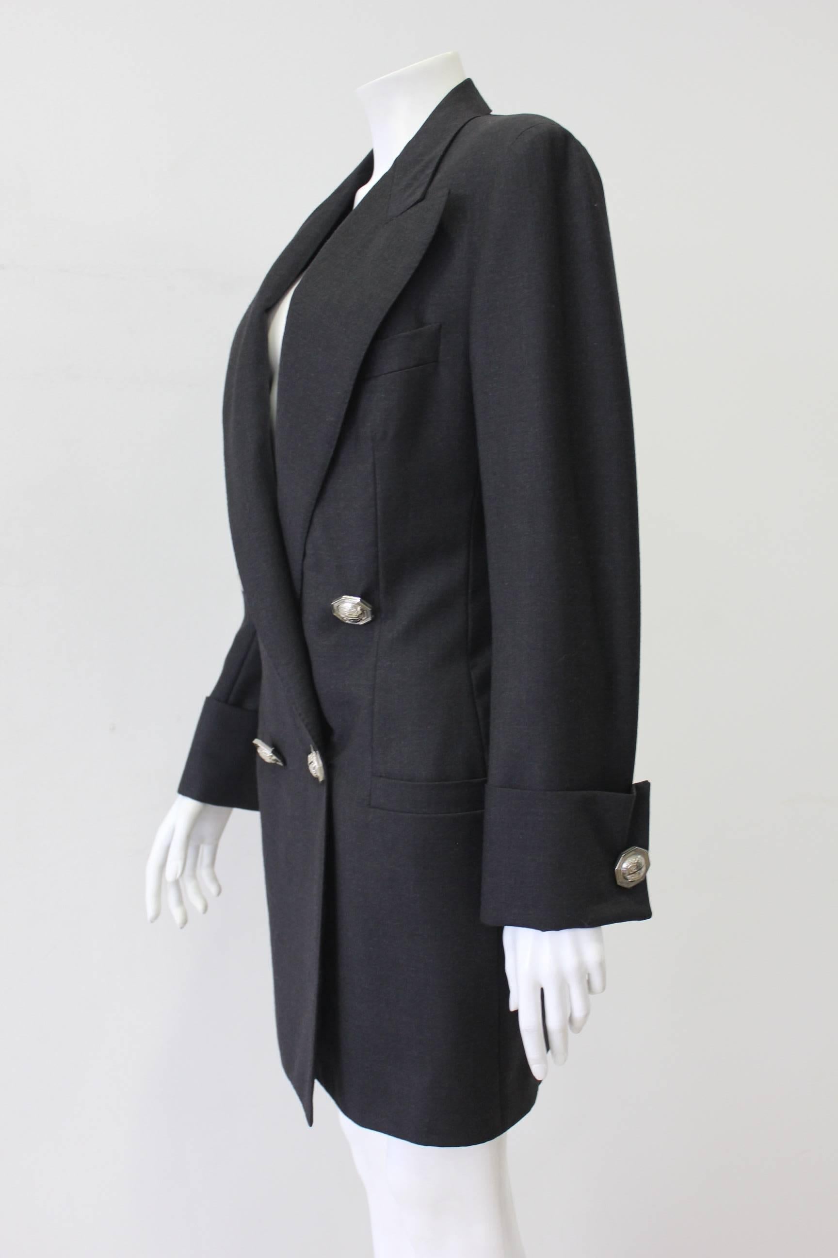 Gianni Versace Couture Long Grey Jacket With Important Medusa Buttons For Sale 1