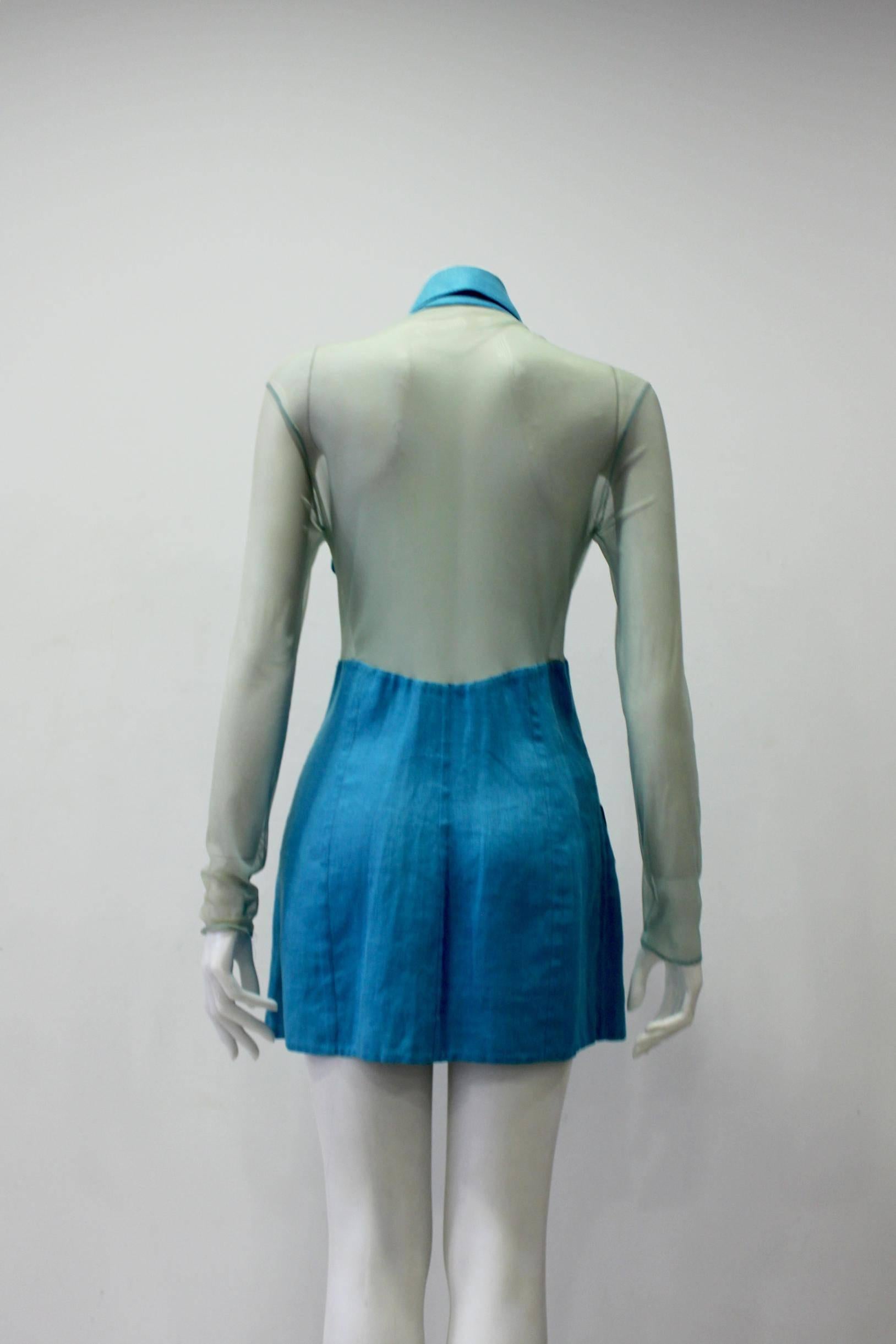 Gianfranco Ferre Sheer And Denim Mini Dress 1990's In Good Condition For Sale In Athens, Agia Paraskevi