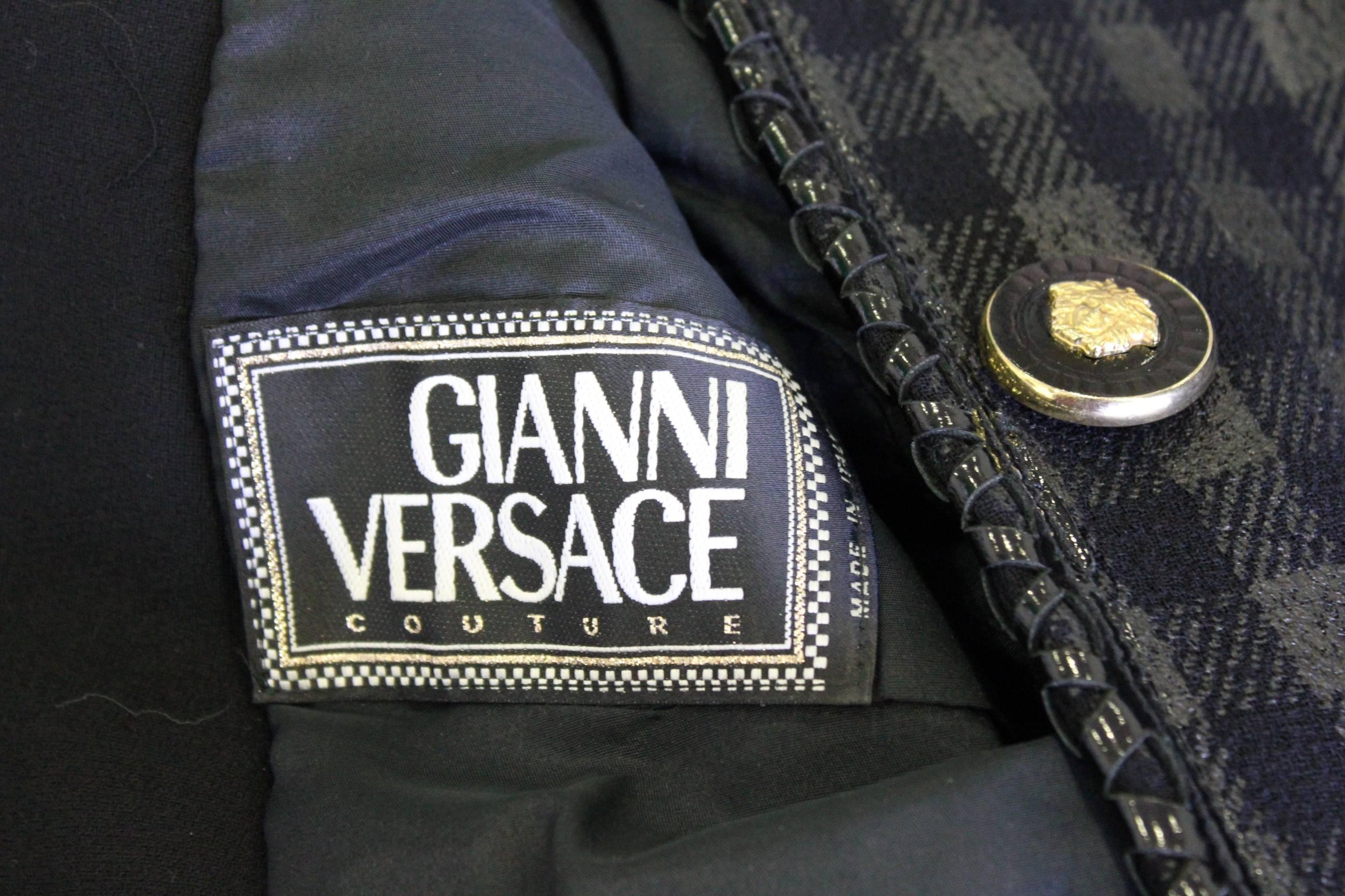 Women's Rare Gianni Versace Couture Metallic Checked Jacket With Patent Leather 1995 For Sale