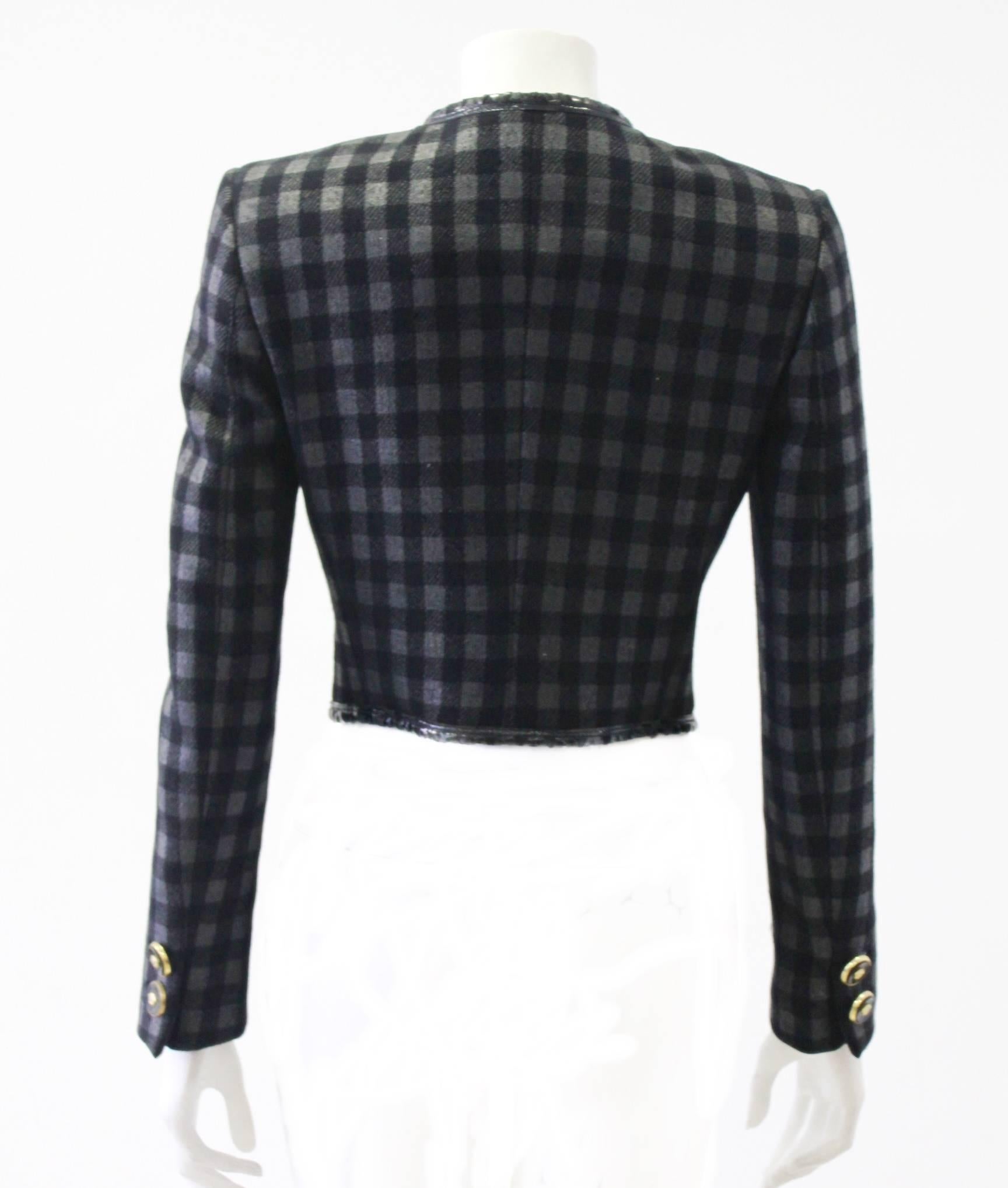 Black Rare Gianni Versace Couture Metallic Checked Jacket With Patent Leather 1995 For Sale
