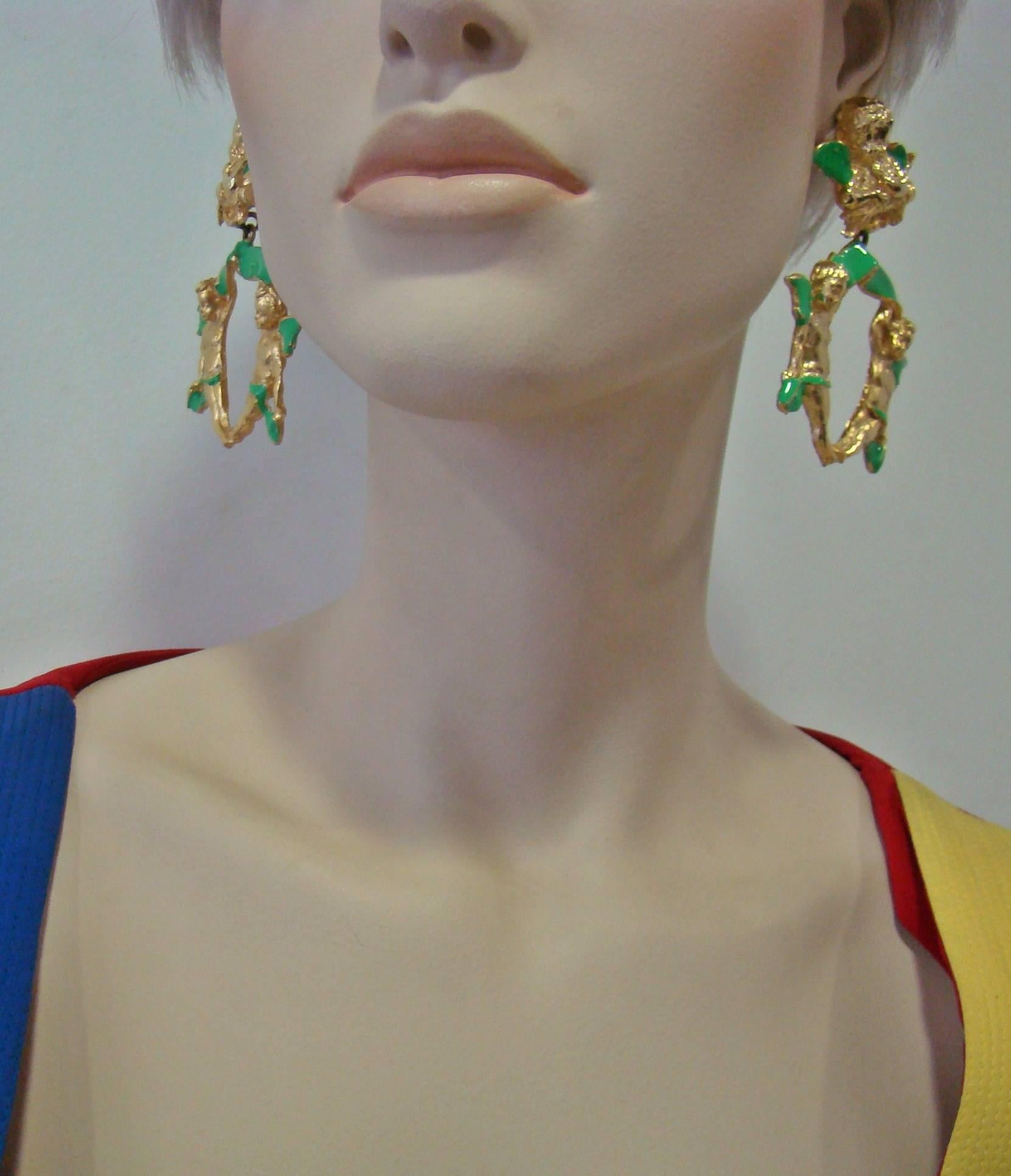 Very Rare Gianni Versace Ugo Correani Cherub Drop Earrings 1990, 8cm