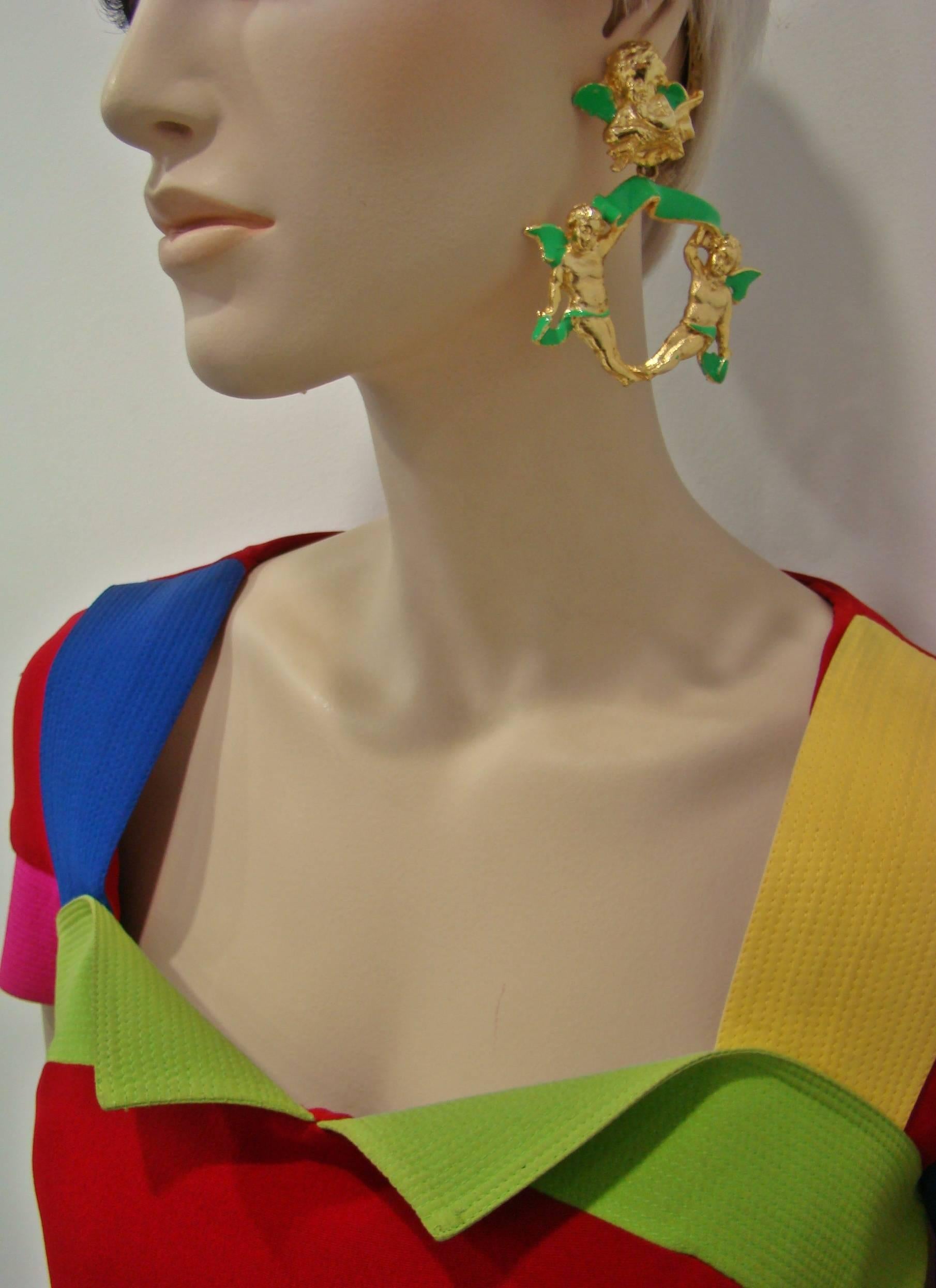Women's Very Rare Gianni Versace Ugo Correani Cherub Drop Earrings 1990 For Sale