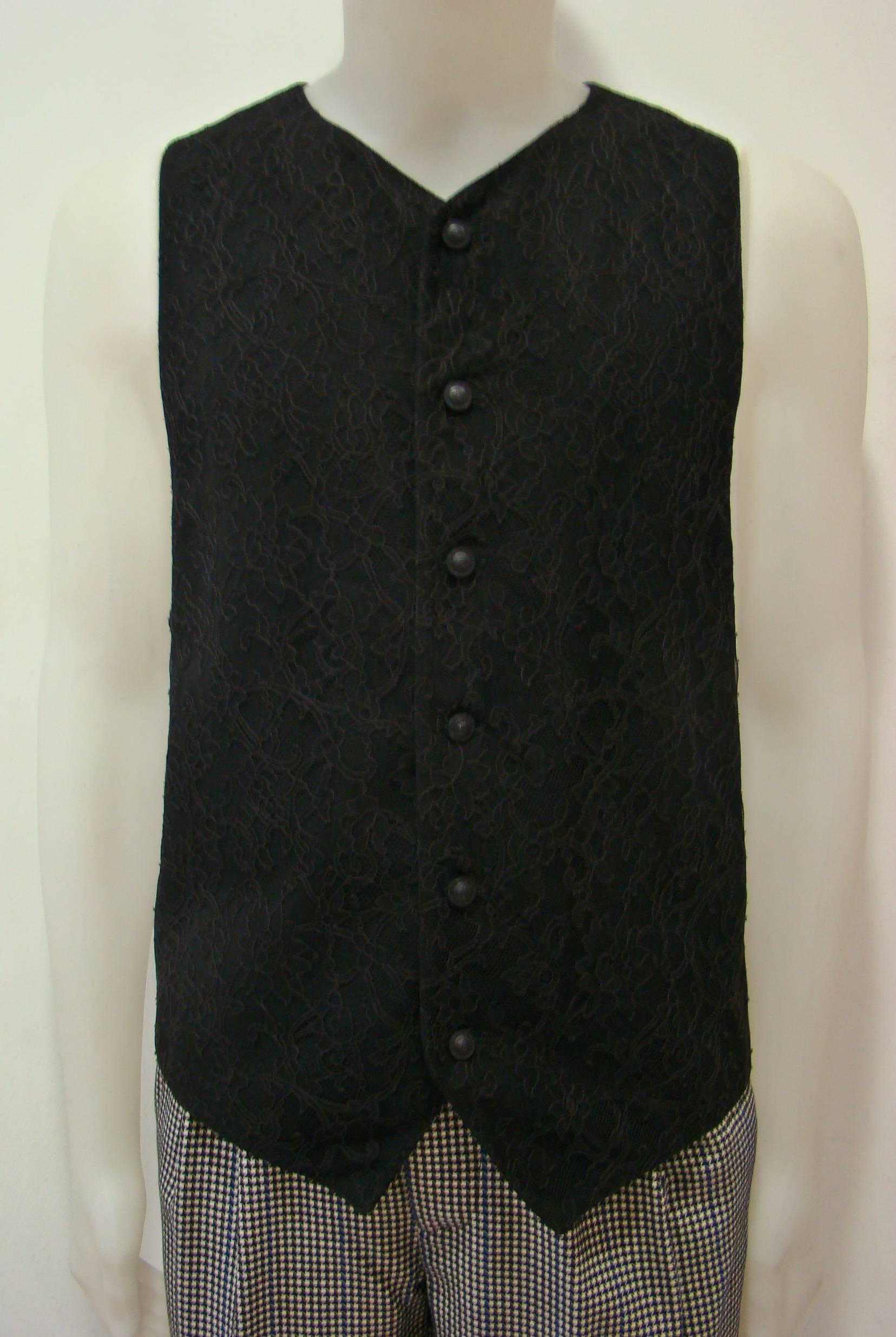 Gianni Versace Lace Waistcoat Vest From Punk Collection Of Spring 1994. 100%Wool Black Vest Featuring Small Black Medusa Buttoning At Front And Fully Lined From The Inside