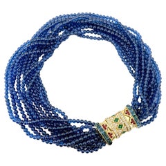 Vintage Ciner Sapphire Blue Glass Torsade Necklace with Crystal Rhinestone Clasp