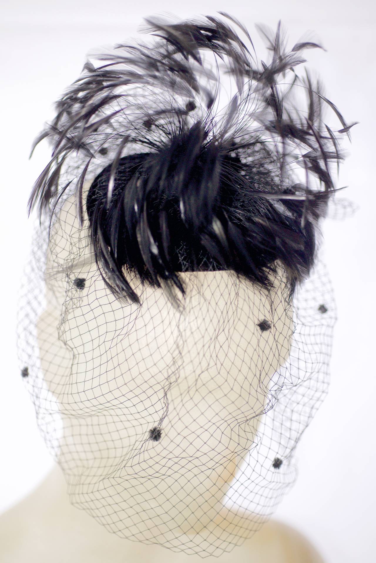 Whimsical Feathered Fascinator with Dotted Veil Made in France