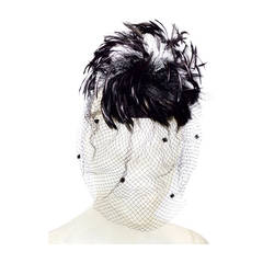 Vintage Whimsical Feathered Fascinator with Dotted Veil Made in France