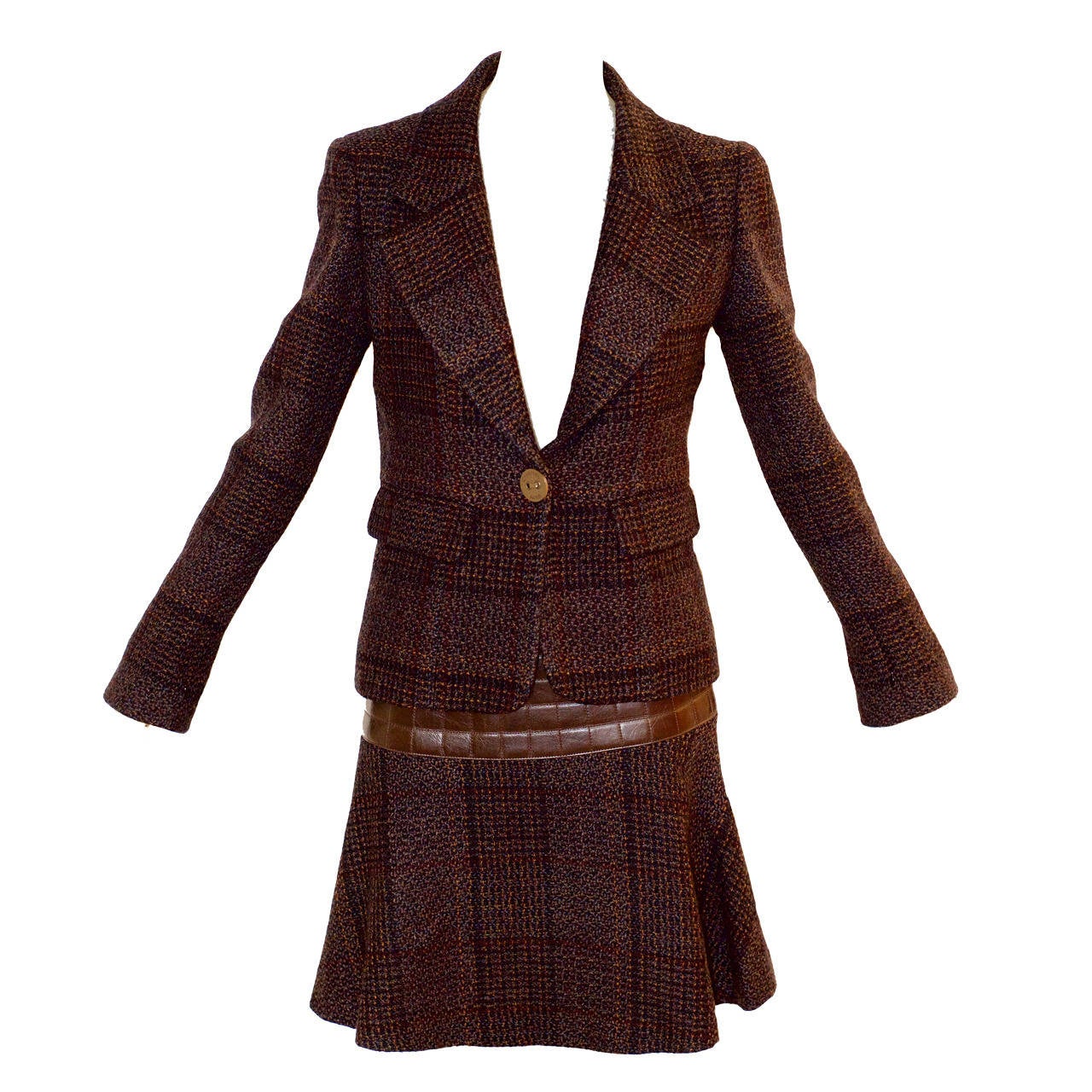 Chanel Jacket and Skirt Ensemble with Crocodile-Stamped Leather Detail For Sale