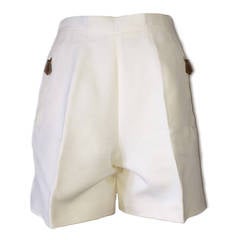 Hermes White Cotton Pique Shorts with Leather Zipper Tabs