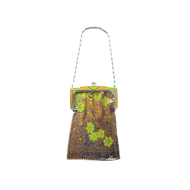 Whiting and Davis Metal Mesh Bag with Lime Flowers For Sale