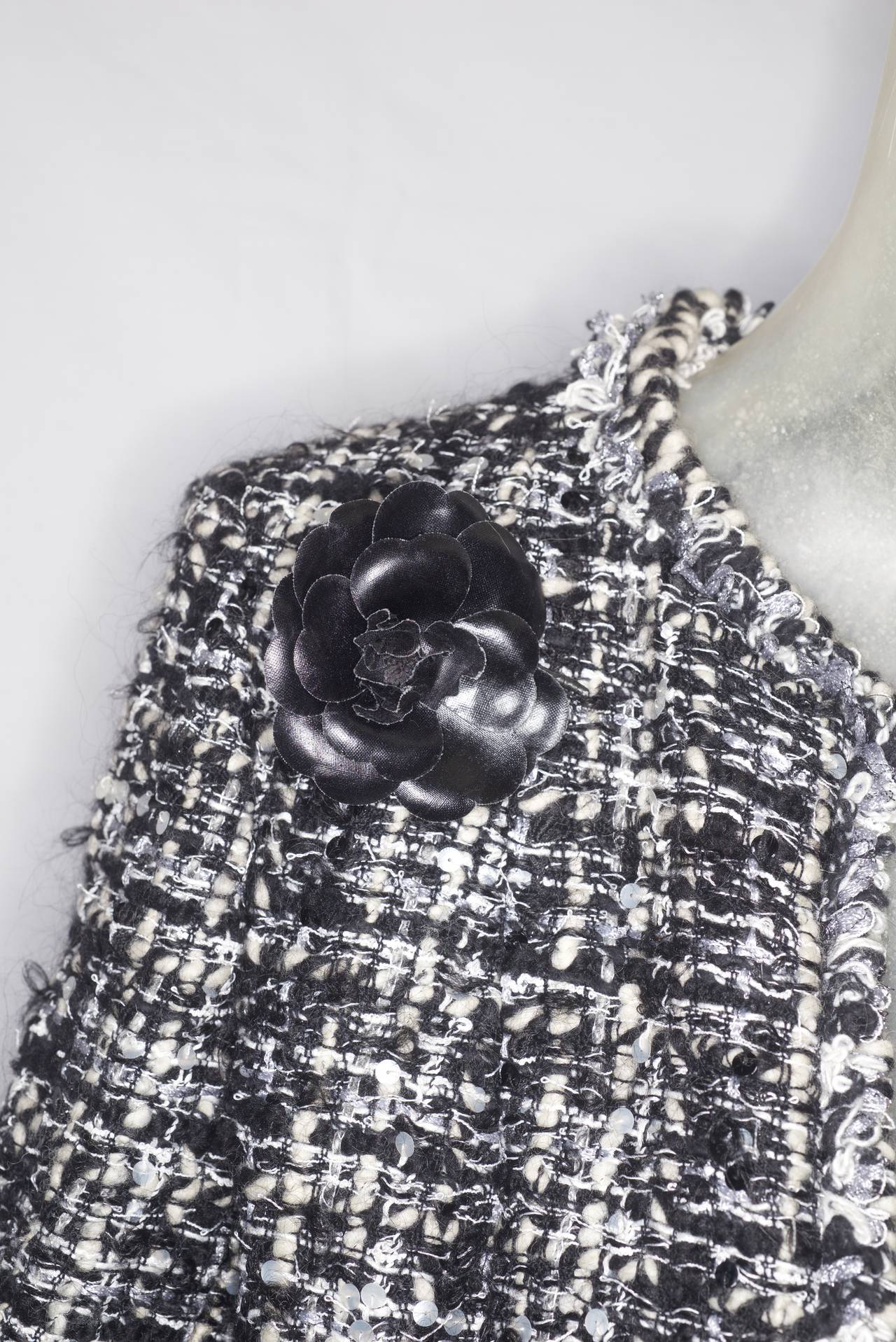 Women's Chanel Black and White Tweed Jacket with Tiny Sequins and Camellia