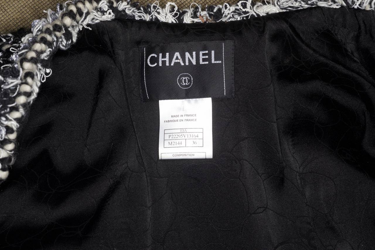 Chanel Black and White Tweed Jacket with Tiny Sequins and Camellia 2