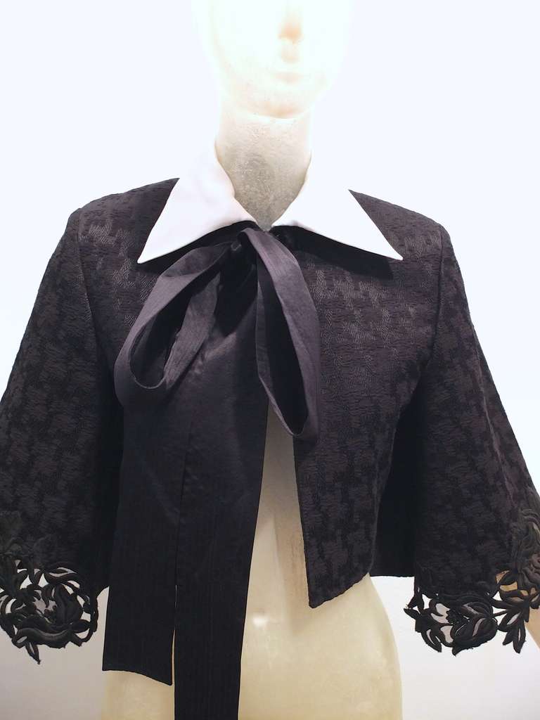 Gianfranco Ferre Black Jacket with White Organza Collar and Lace For Sale 1