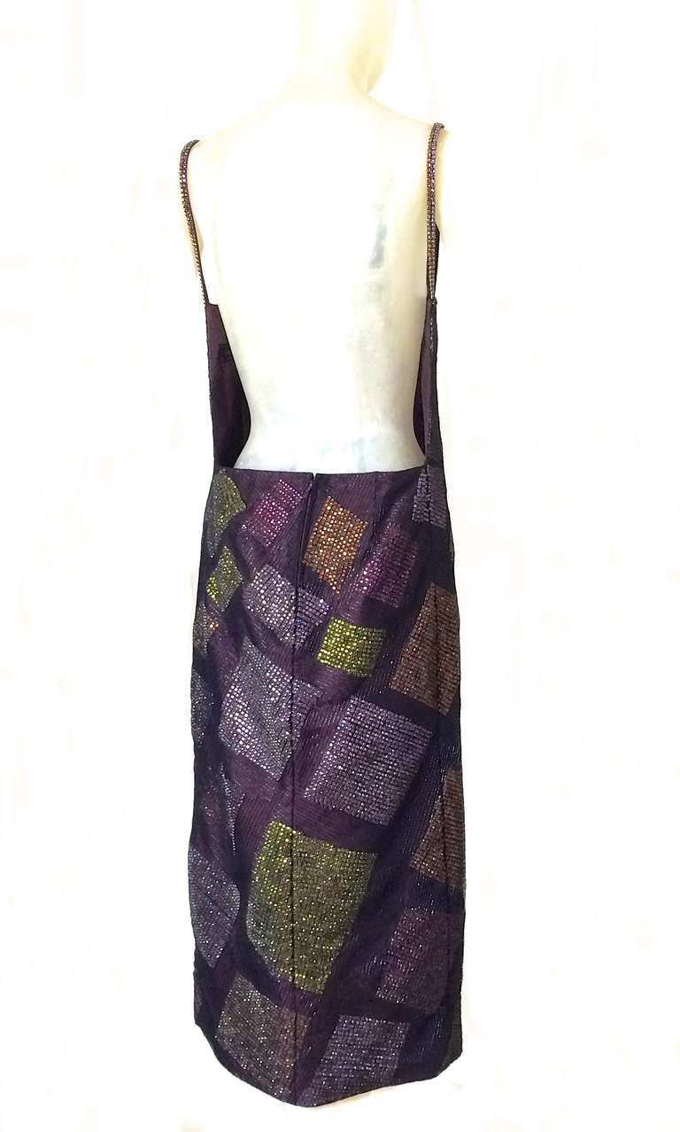 Krizia Lime and Aubergine Heavily Beaded Backless Silk Dress with Tulle Overlay In Excellent Condition For Sale In New York, NY