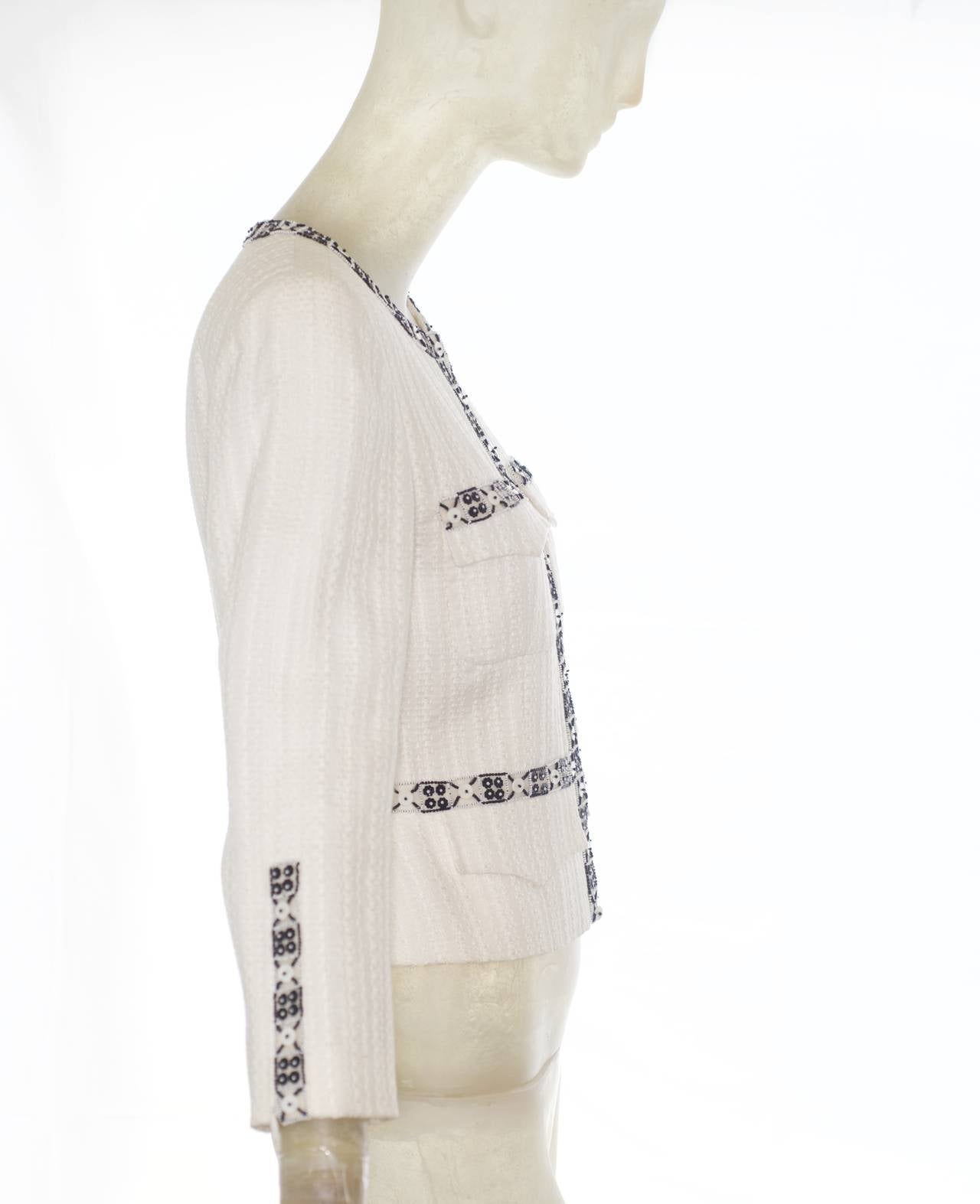 Chanel Jacket in Black and White with Tiny Black Floral Sequin Embroidery