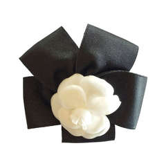 Vintage Chanel Camellia and Black Ribbon Hair Clip
