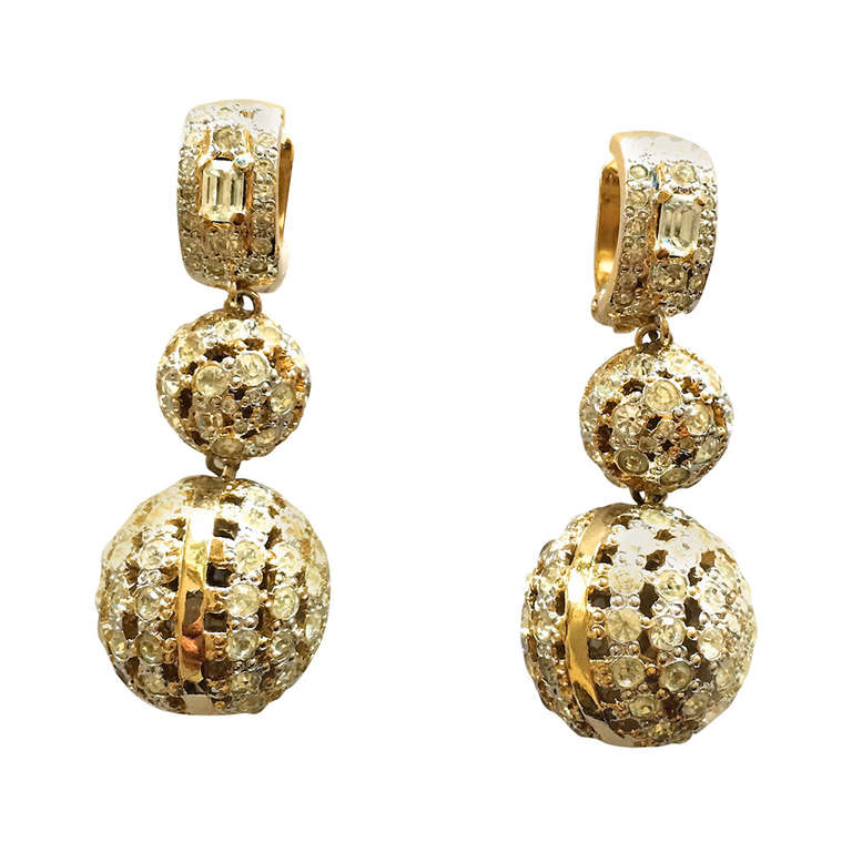 Yves Saint Laurent Gilt and Crystal Clip Earrings For Sale