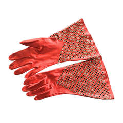1980s Alaia Red Leather Grommeted Gauntlet Gloves