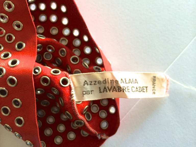 1980s Alaia Red Leather Grommeted Gauntlet Gloves