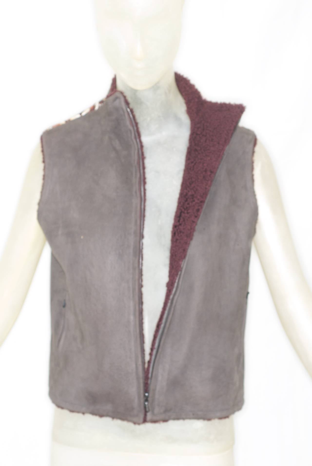 Hermes Shearling Vest with Silk Scarf Back For Sale 1