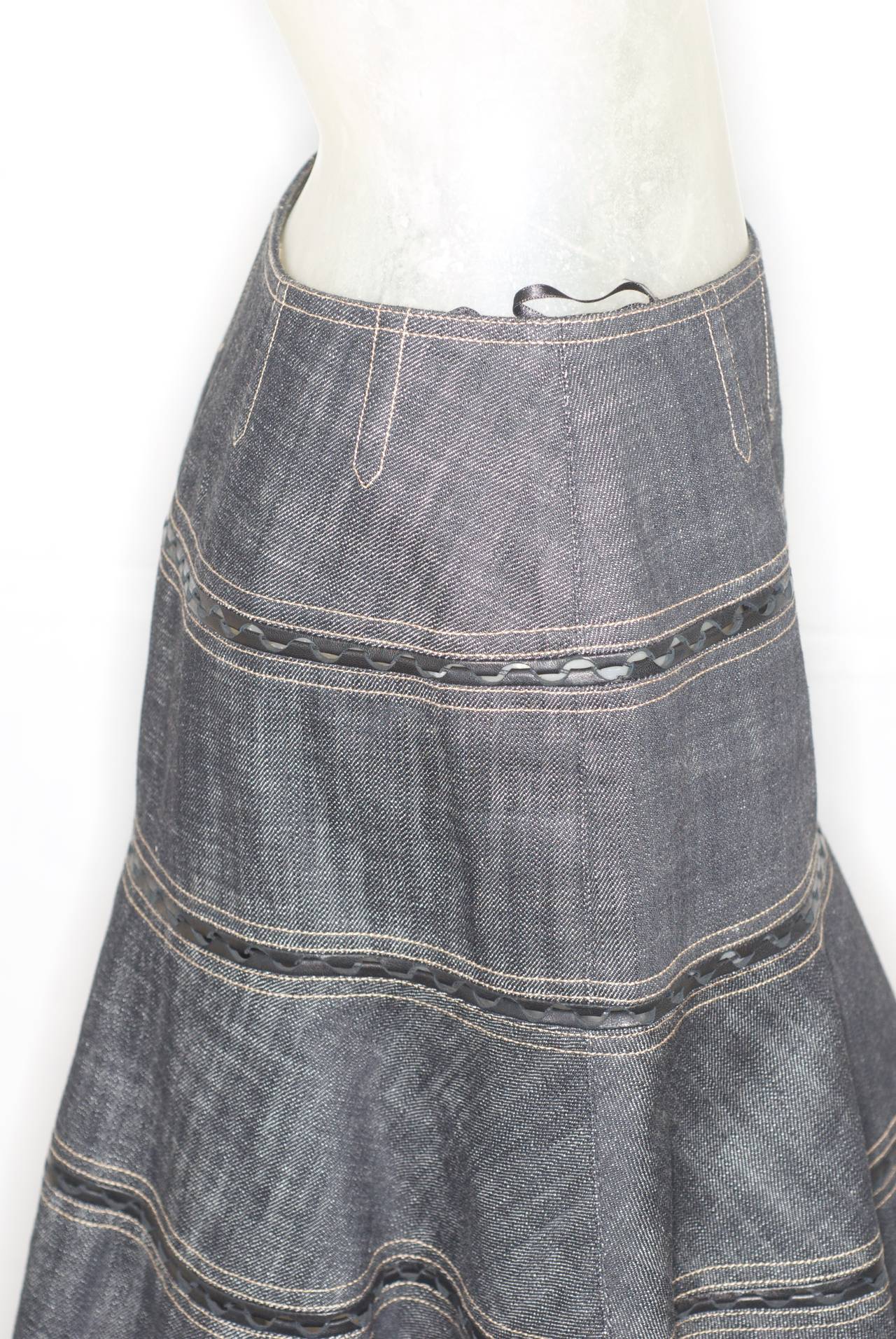 Alaia Denim and Leather Skirt In Excellent Condition In New York, NY