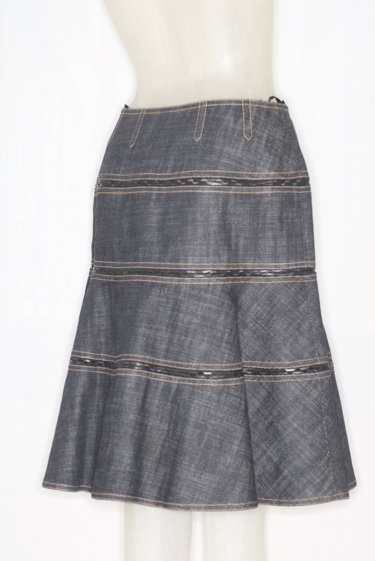 Women's Alaia Denim and Leather Skirt