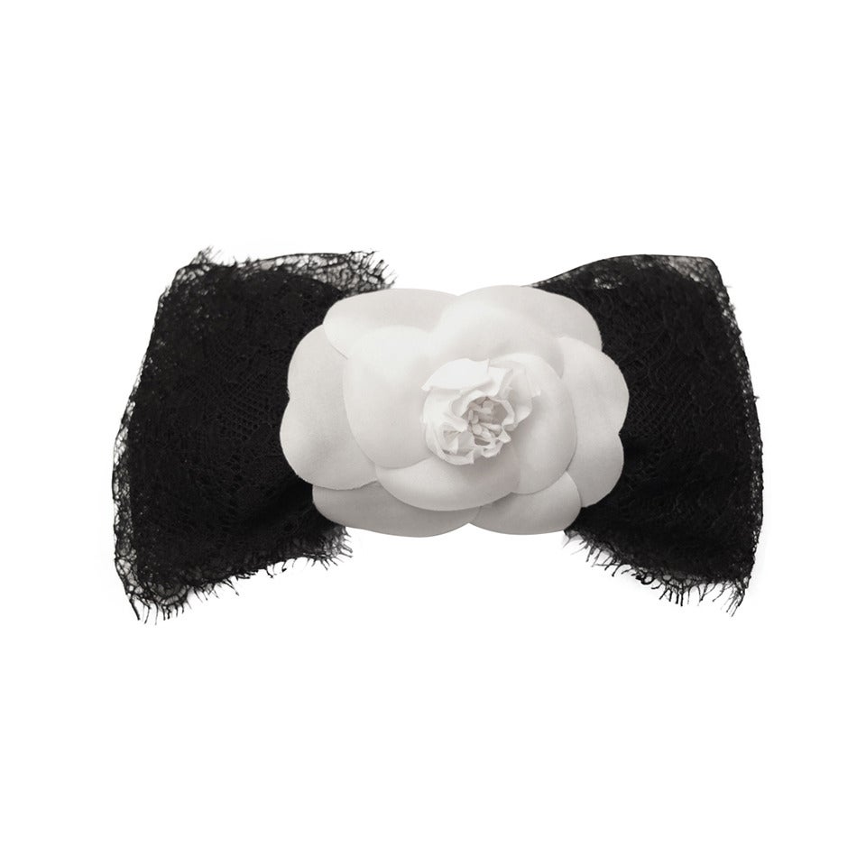 Chanel Black Lace and White Camellia Hair Clip For Sale
