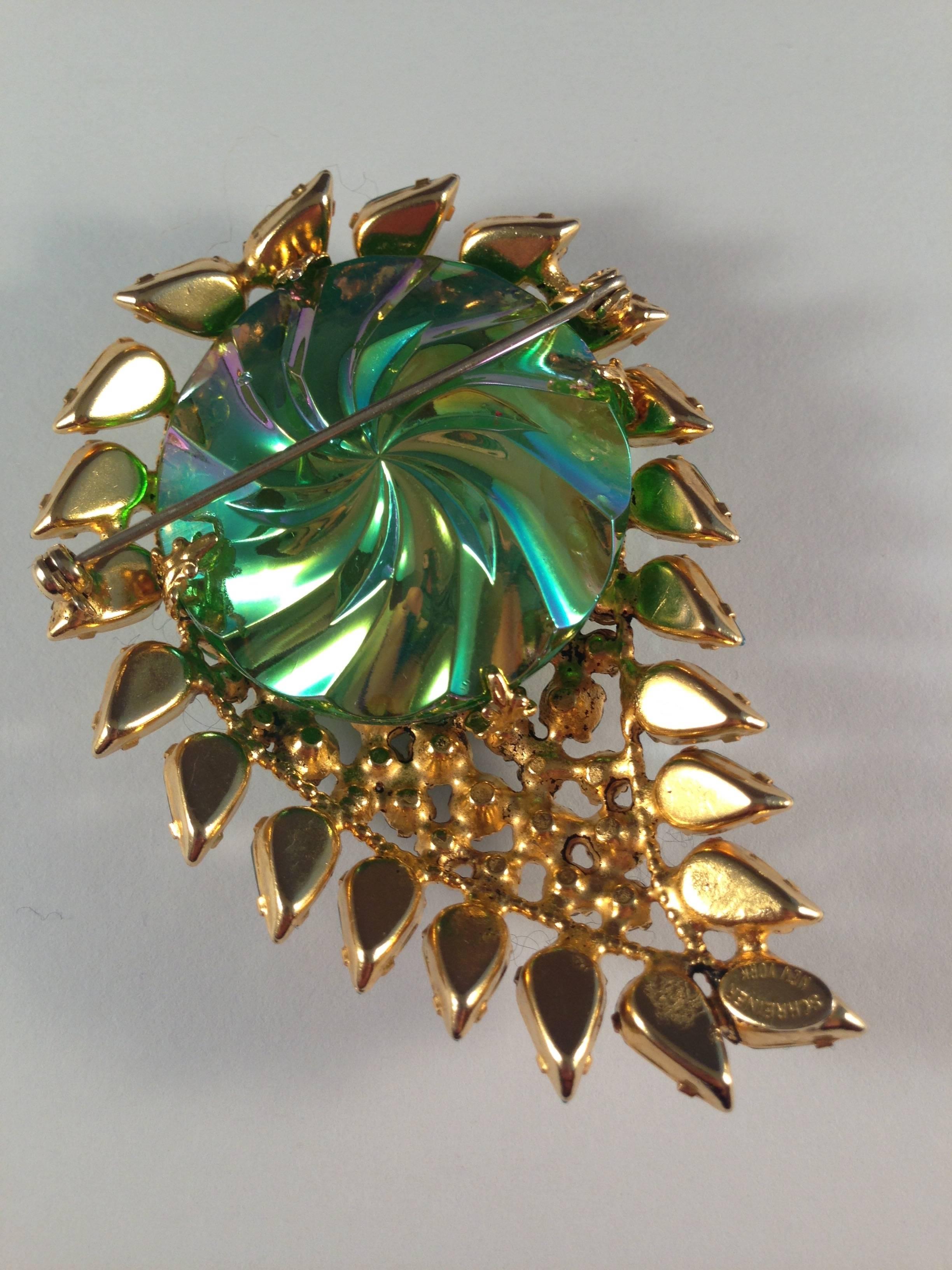 Women's Schreiner Brooch 1960s Green and Blue Paisley