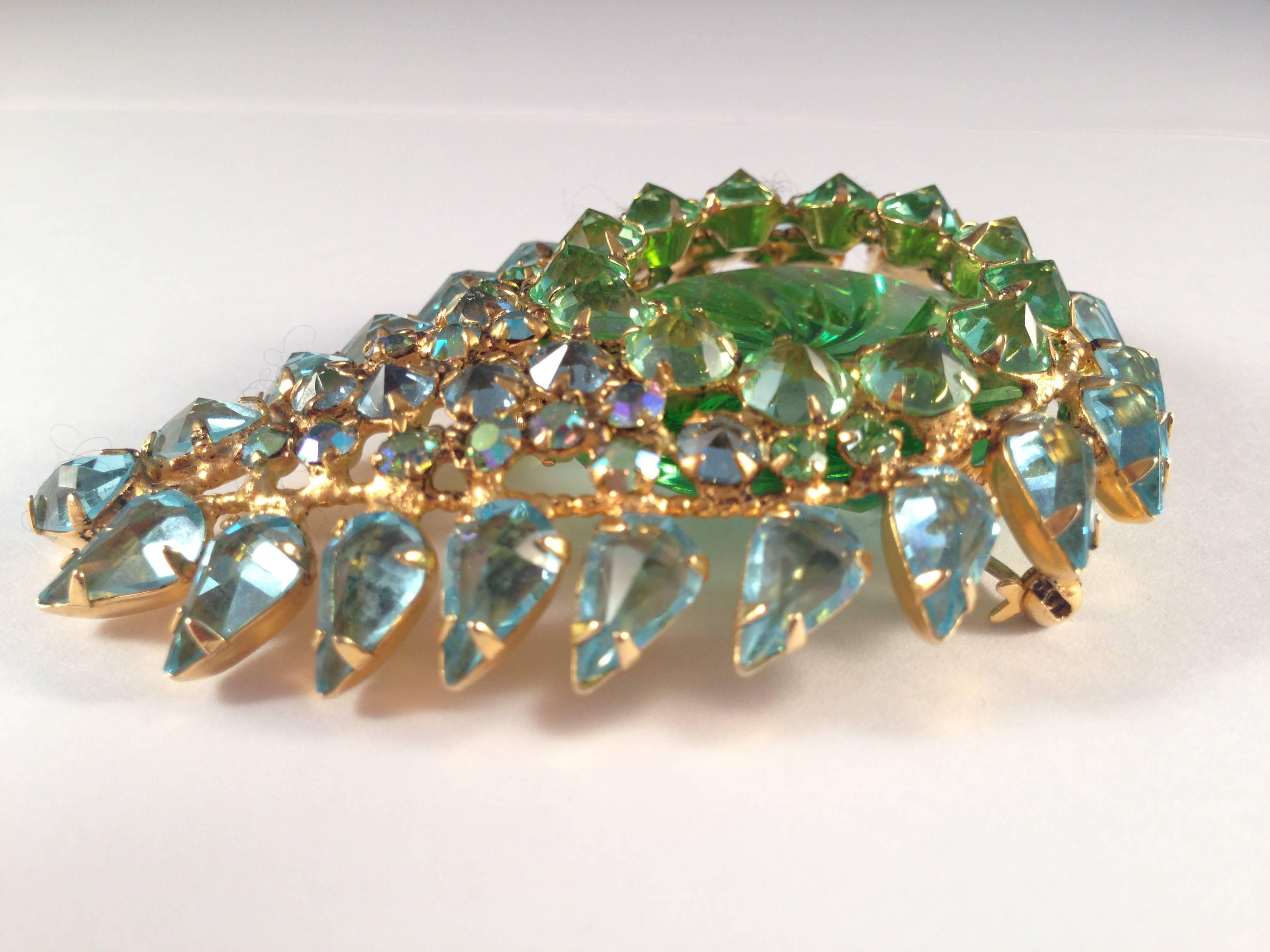 Schreiner Brooch 1960s Green and Blue Paisley  In Excellent Condition In Chicago, IL