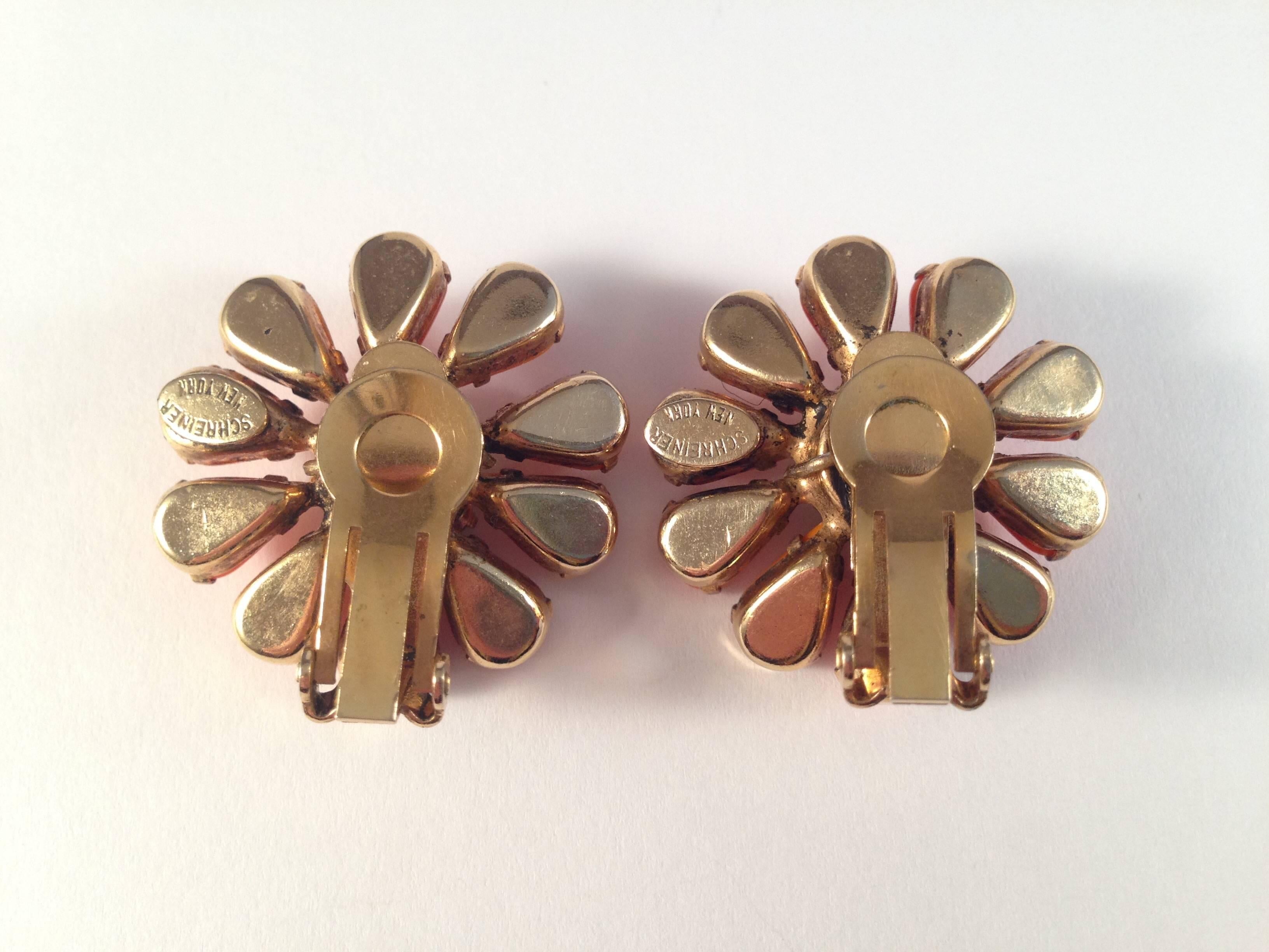 Schreiner 1960s Earrings Orange Flower Clip Ons In Excellent Condition In Chicago, IL