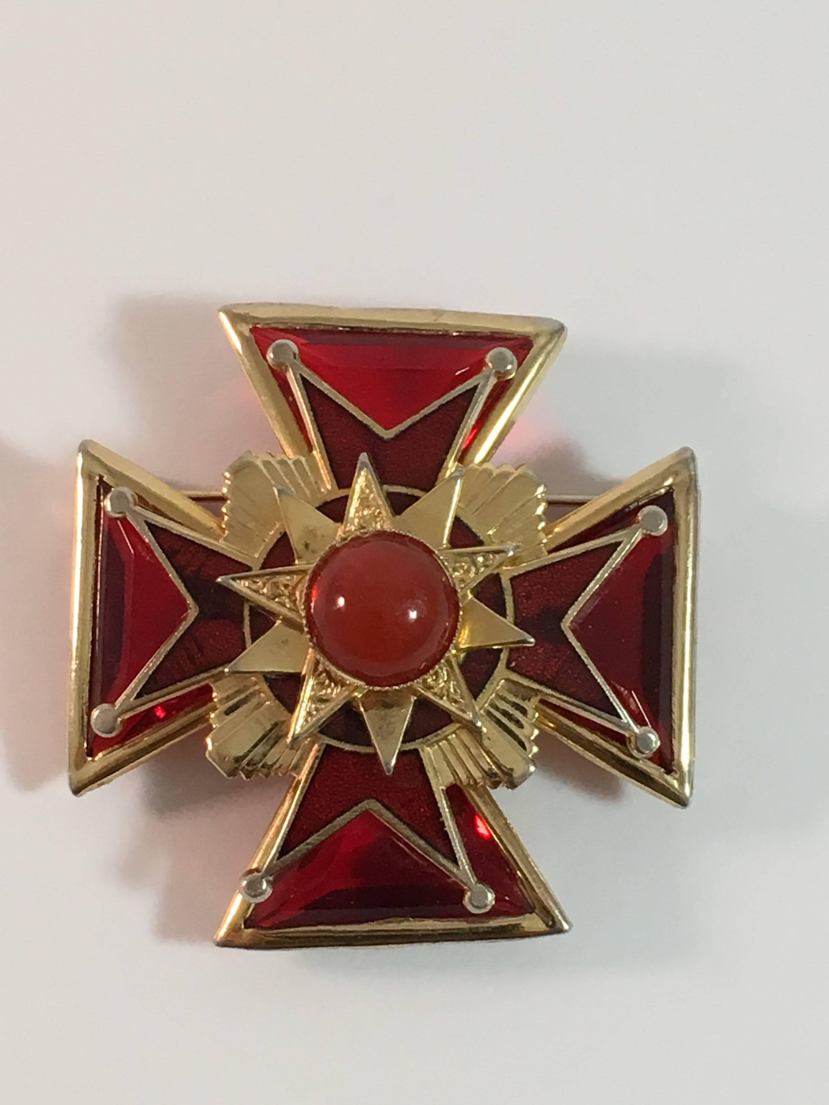 1960s Accessocraft Goldtone and Red Glass Maltese Cross Brooch 1