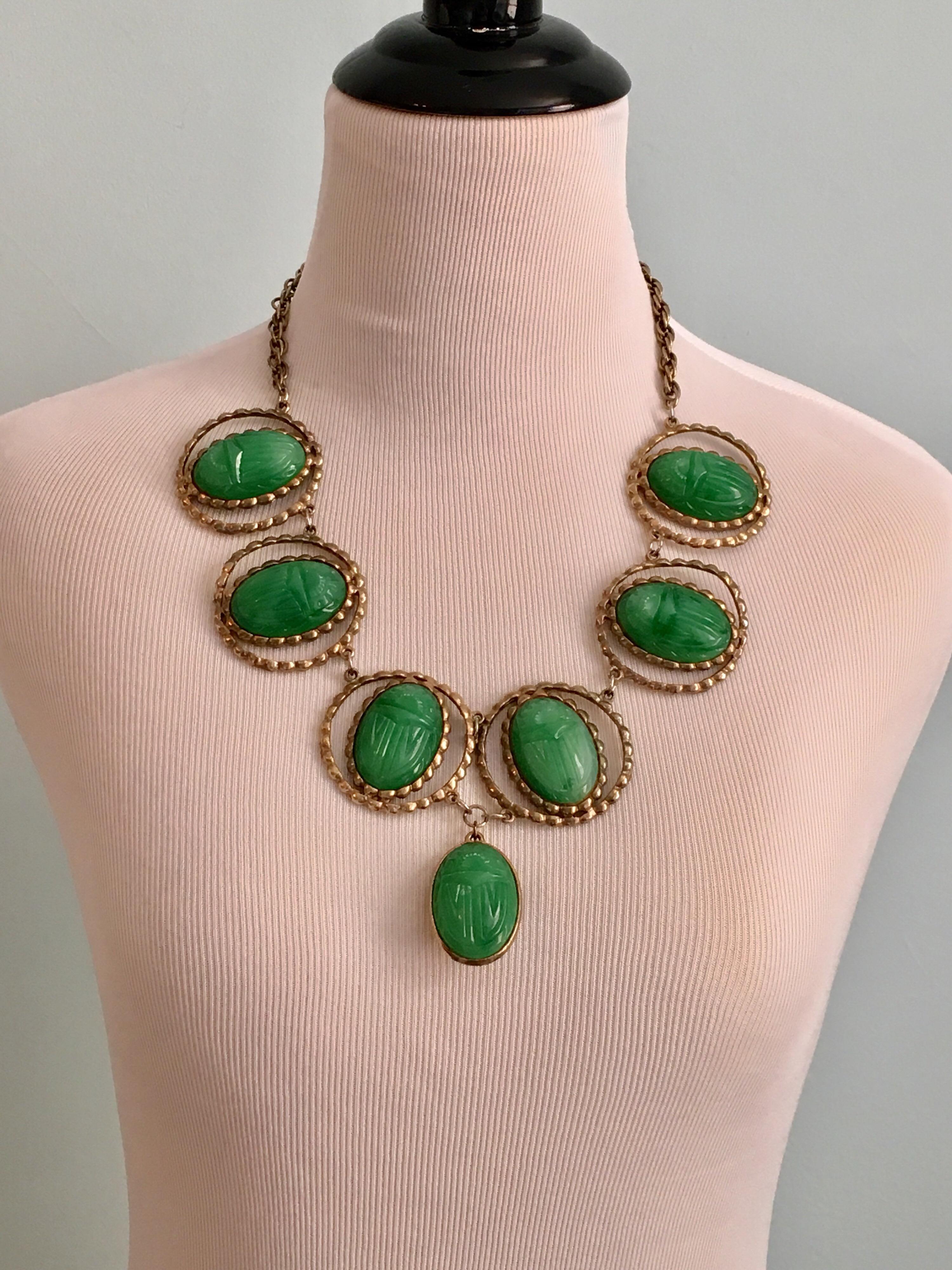 Egyptian Revival Large Green Scarab Necklace In Good Condition In Chicago, IL