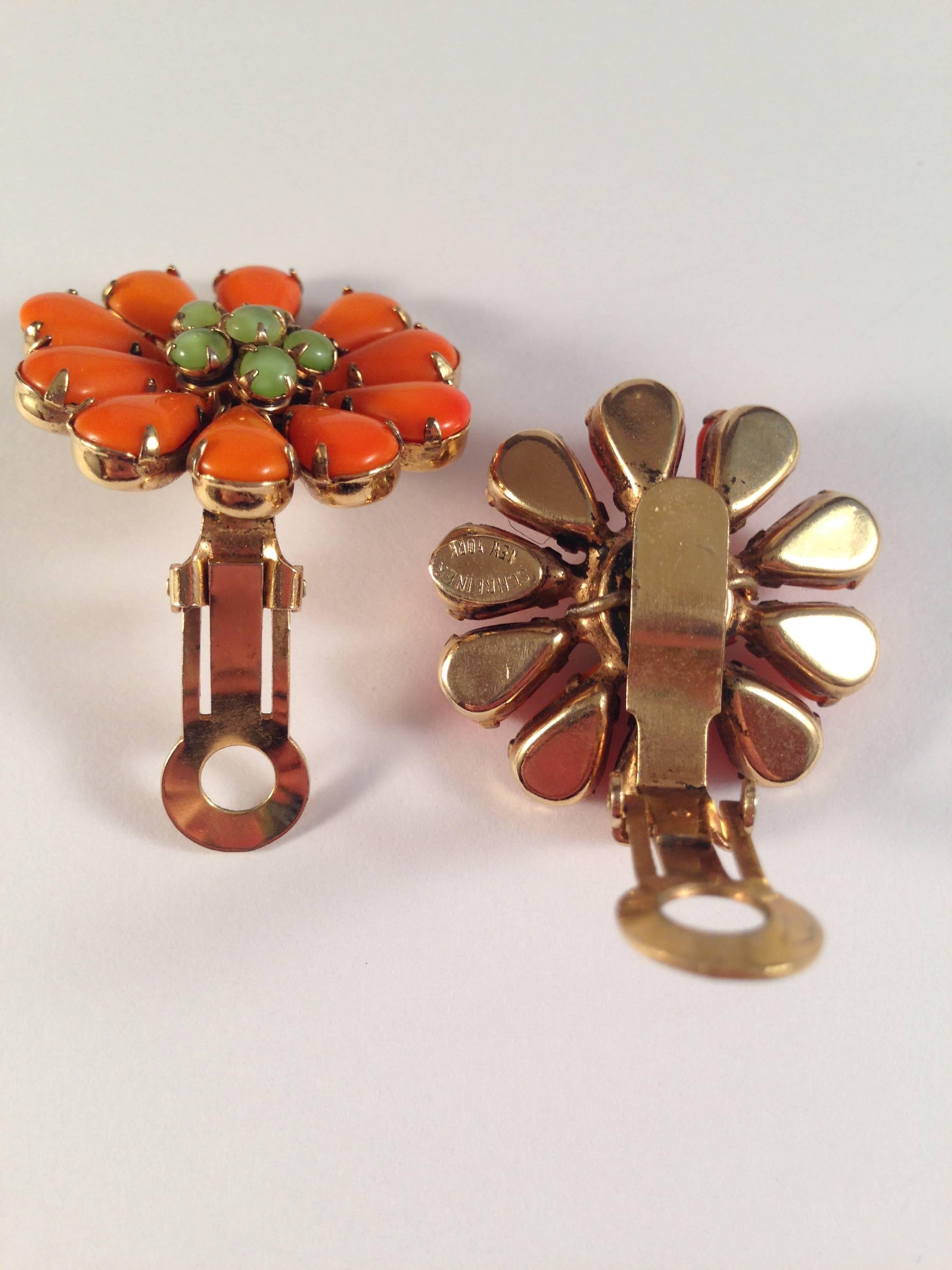 Women's Schreiner 1960s Earrings Orange Flower Clip Ons