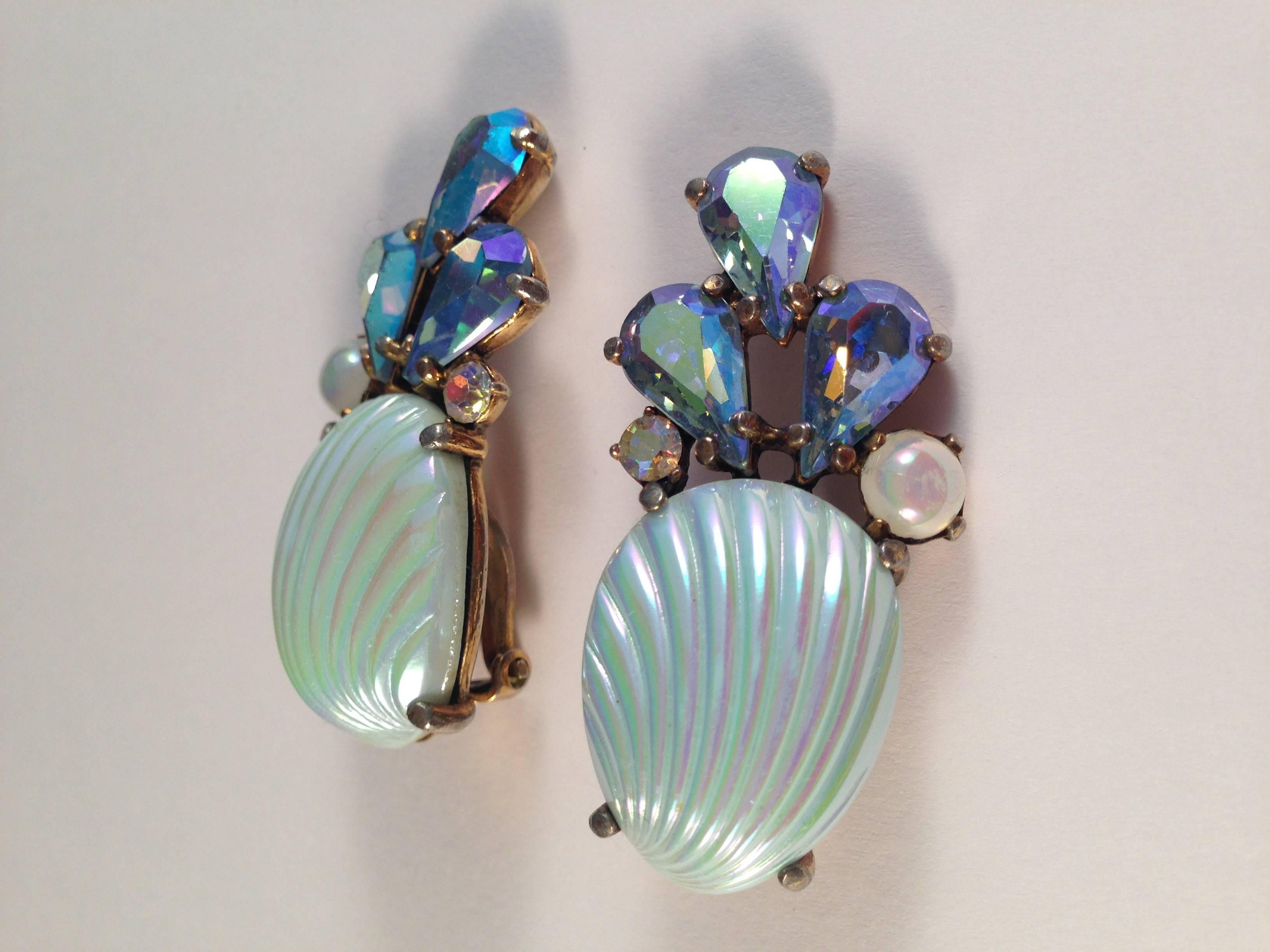 Elsa Schiaparelli Earrings Blue Shell Clip-Ons In Good Condition For Sale In Chicago, IL