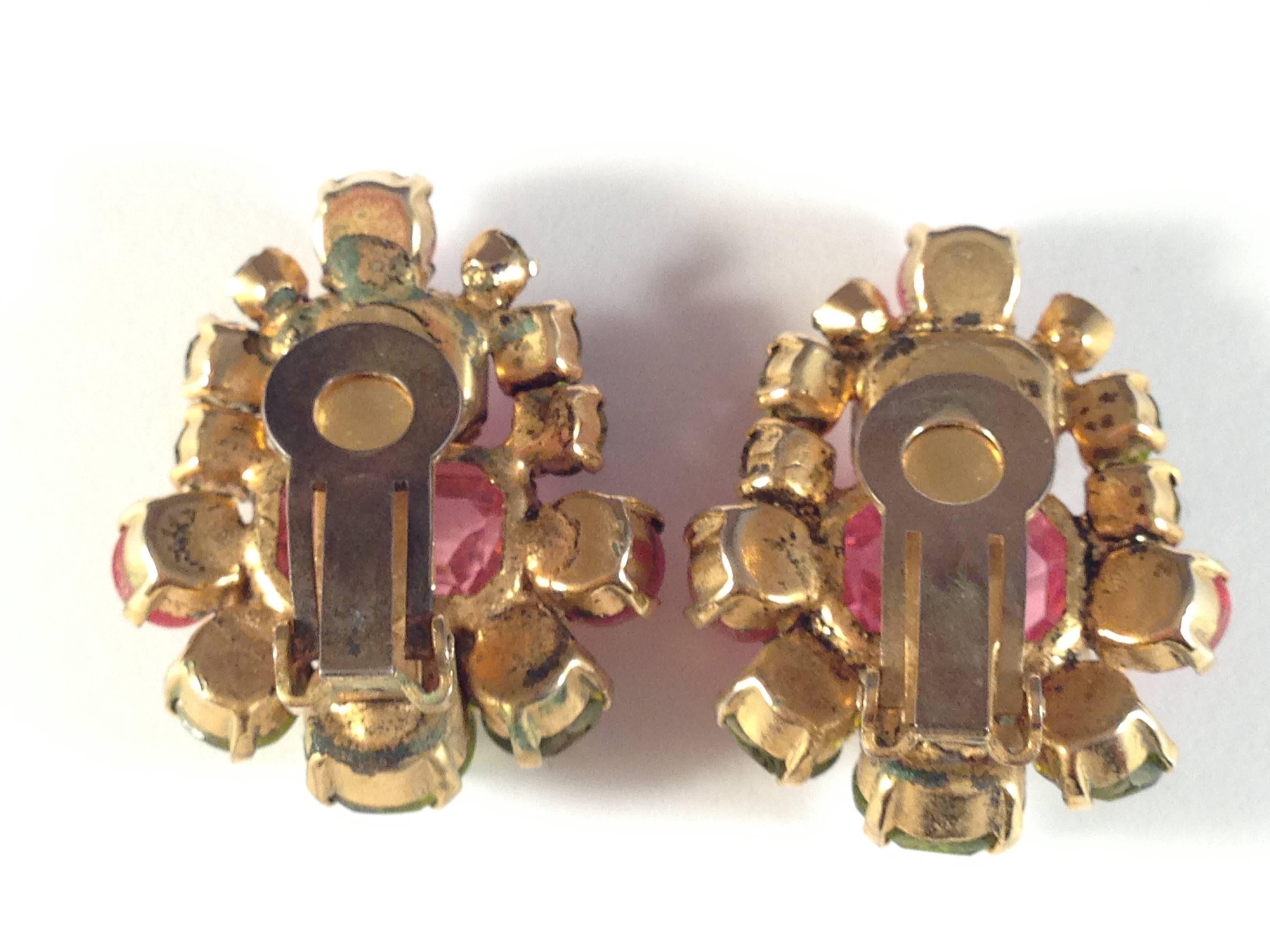 Schreiner 1960s Unsigned Pink and Green Clip On Earrings 1