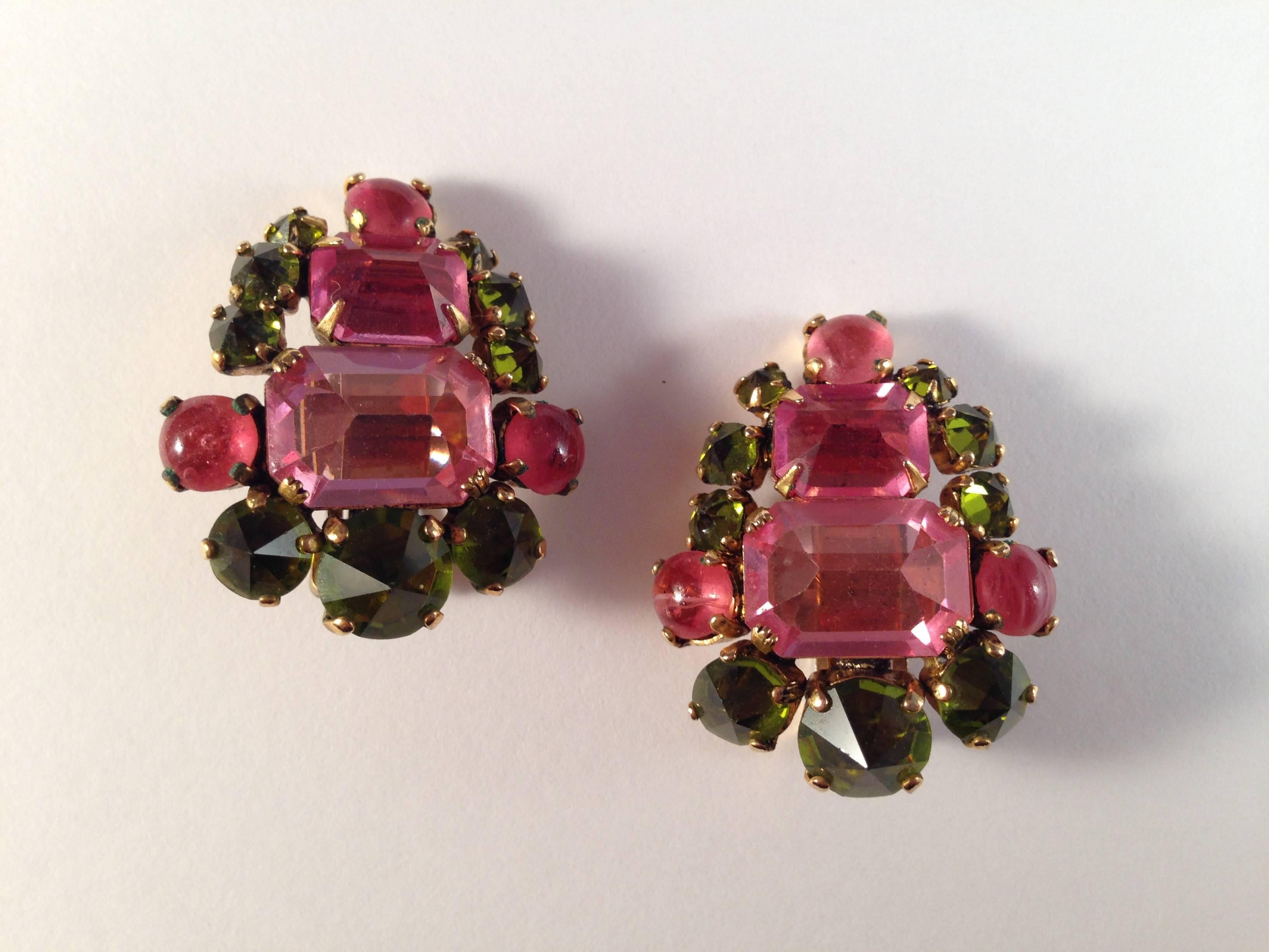 Schreiner 1960s Unsigned Pink and Green Clip On Earrings 2