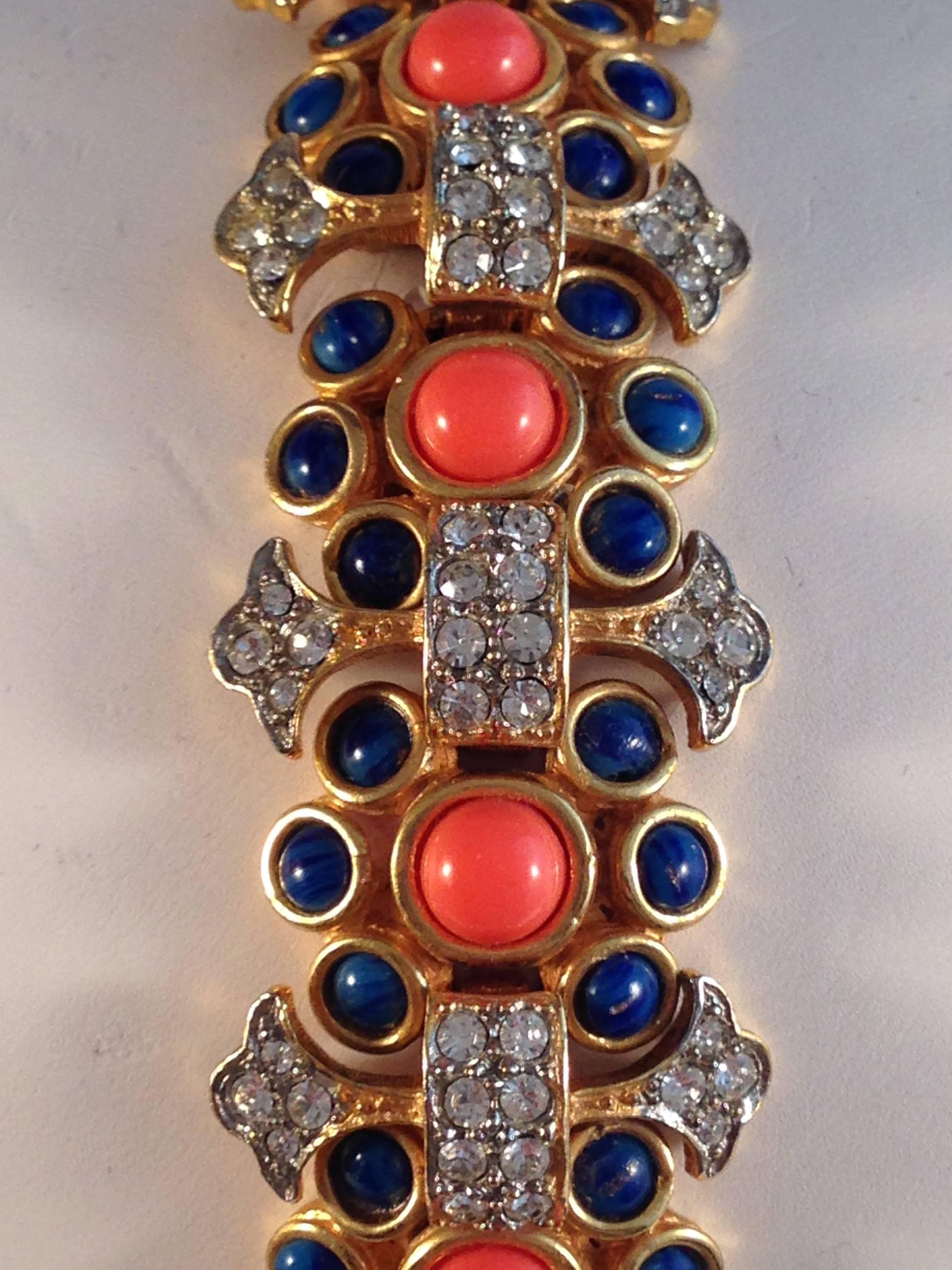 1960s Kenneth Jay Lane Faux Coral, Lapis and Rhinestone Bracelet In Excellent Condition In Chicago, IL